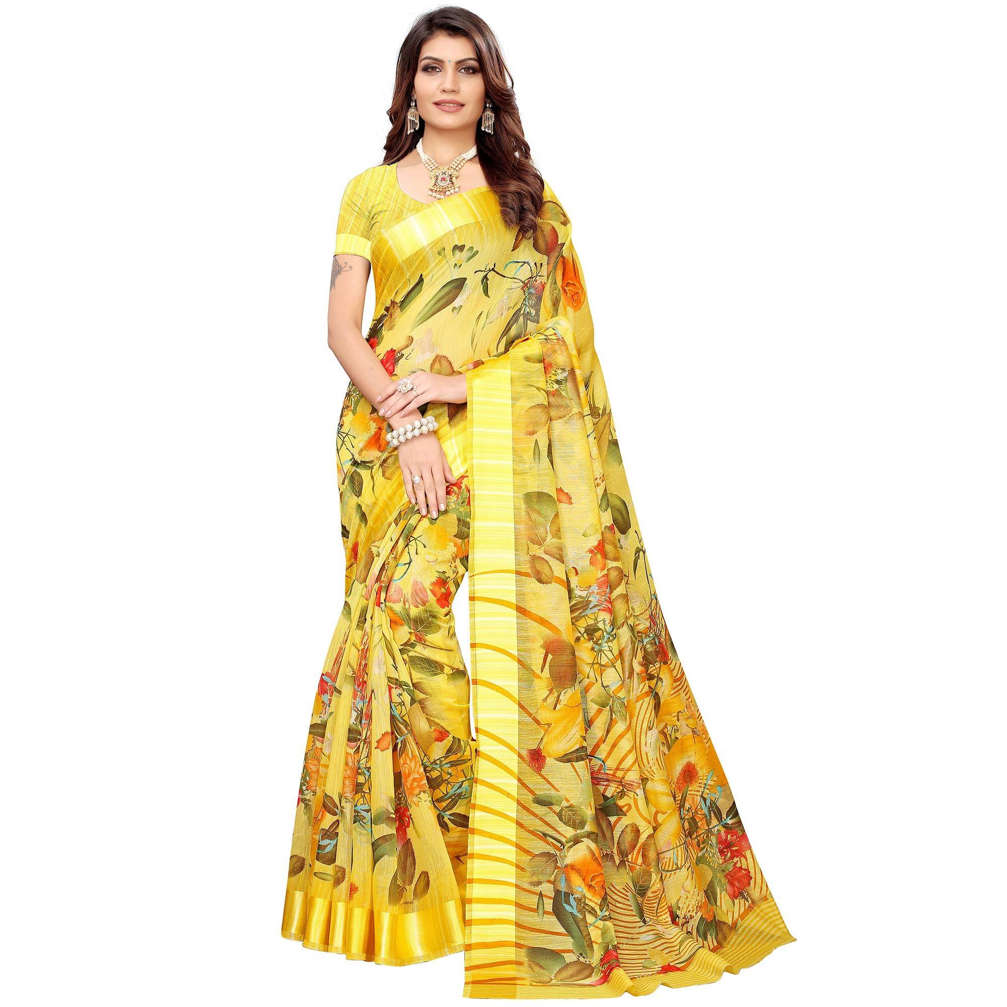Opulent Yellow Colored Casual Printed Linen Saree - Peachmode