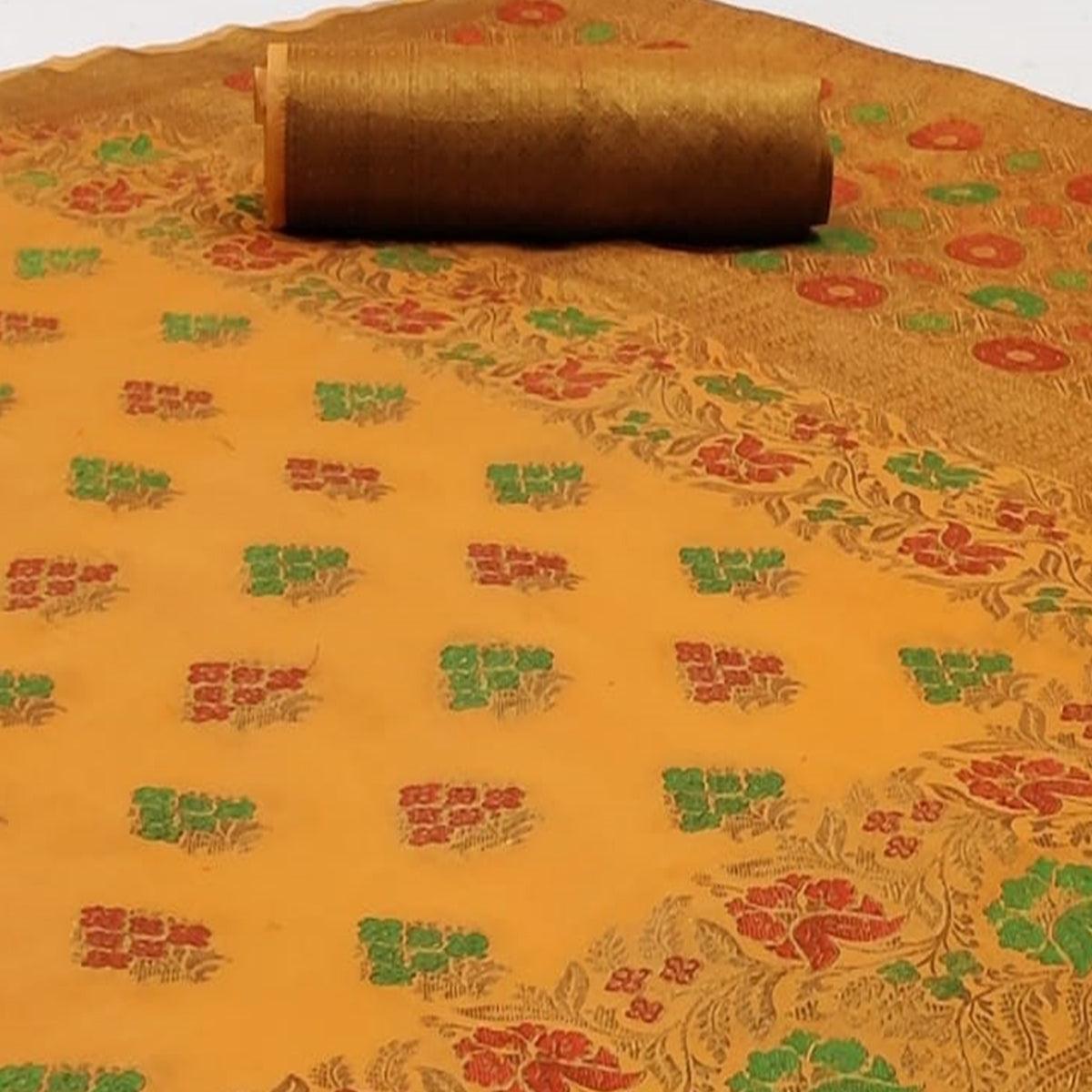 Opulent Yellow Colored Festive Wear Woven Cotton Saree - Peachmode