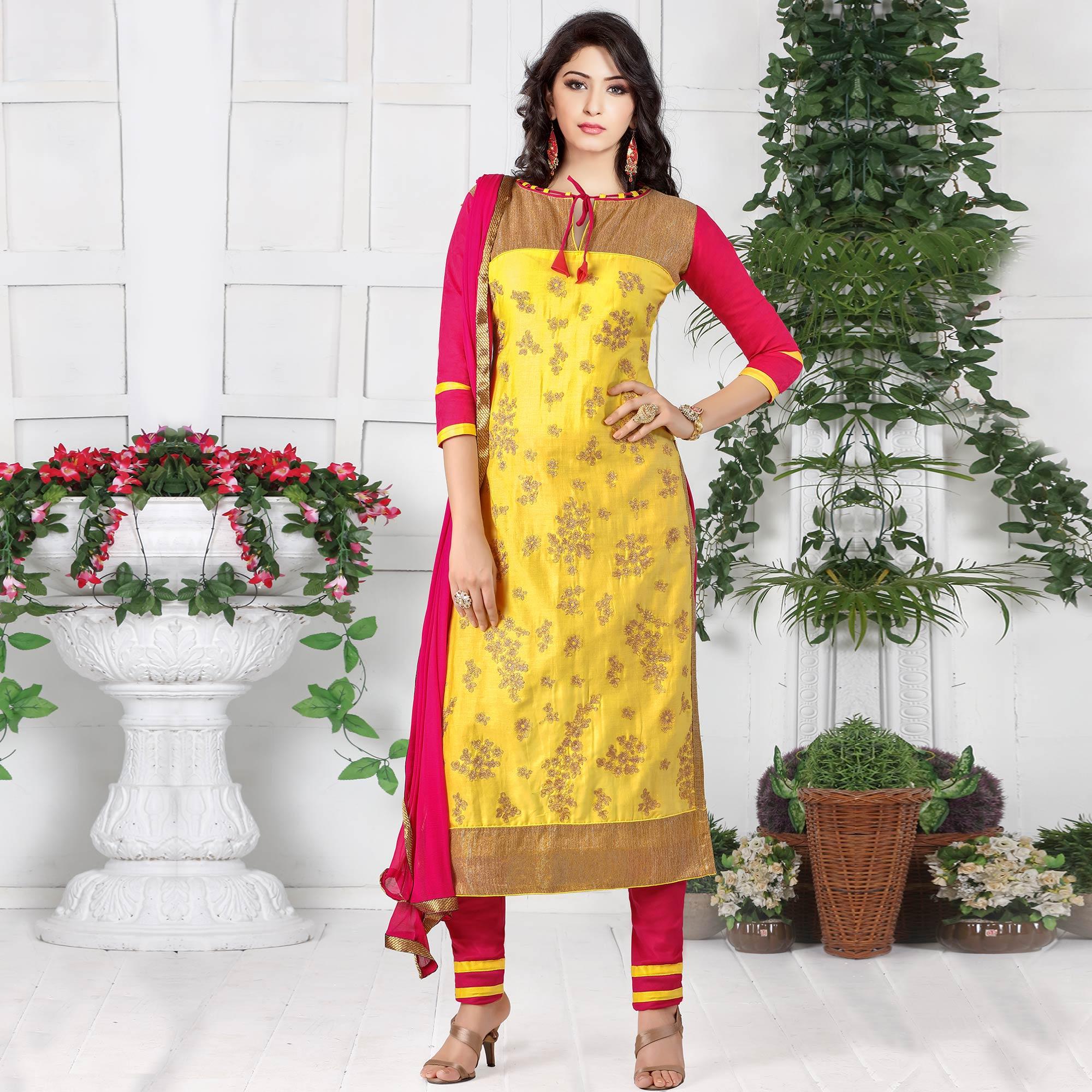 Opulent Yellow Colored Party Wear Embroidered Cotton Dress Material - Peachmode