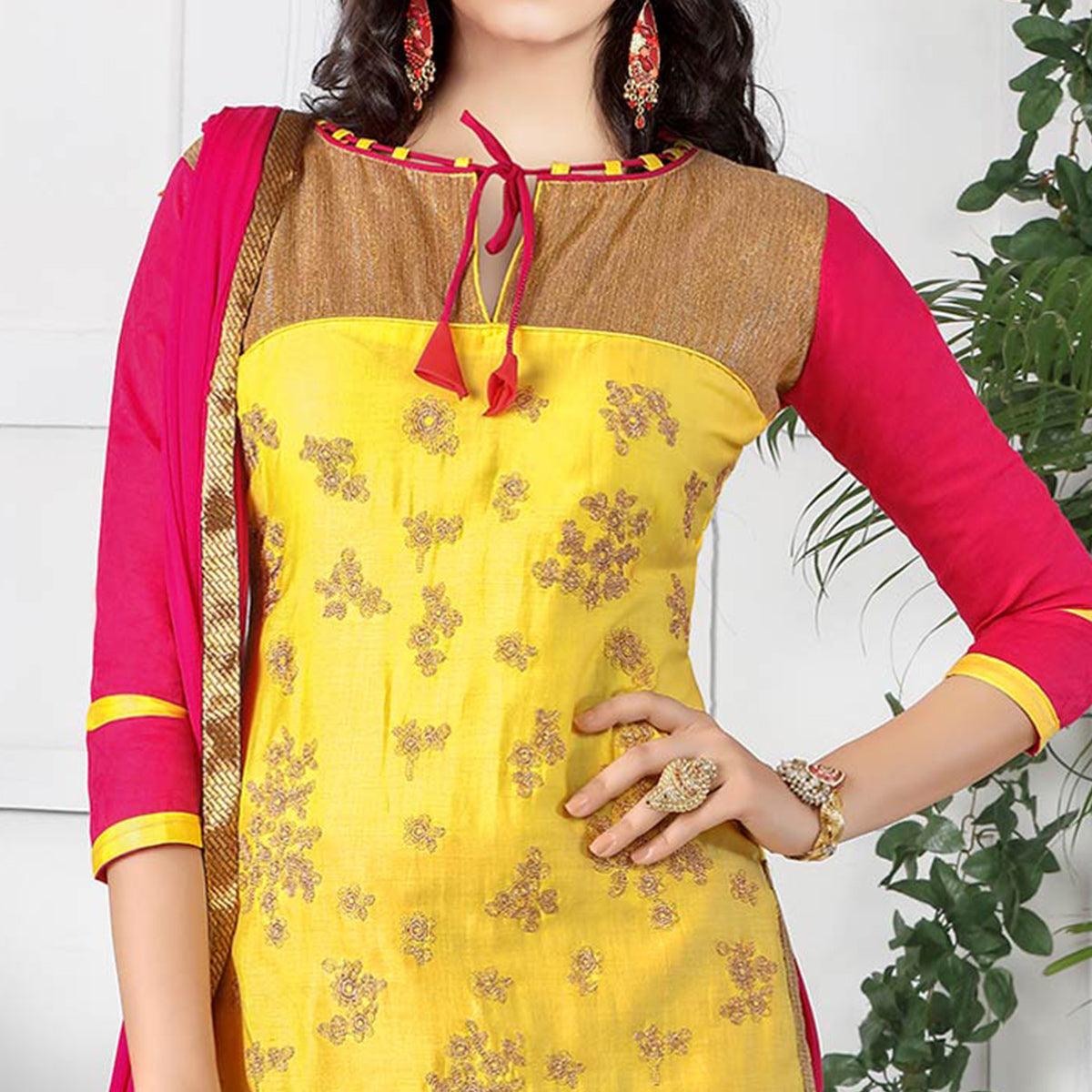 Opulent Yellow Colored Party Wear Embroidered Cotton Dress Material - Peachmode
