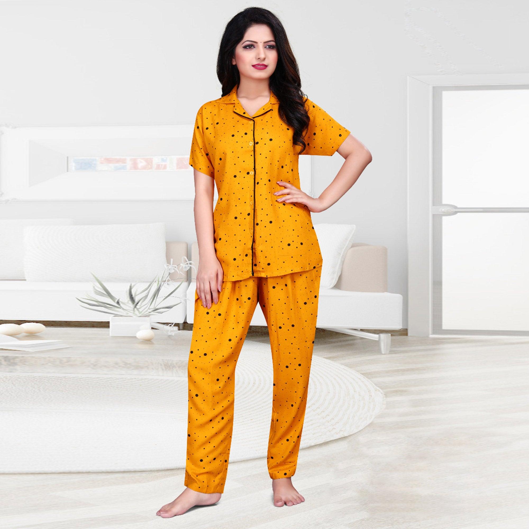 Opulent Yellow Colored Printed Cotton Rayon Night Suit - Peachmode