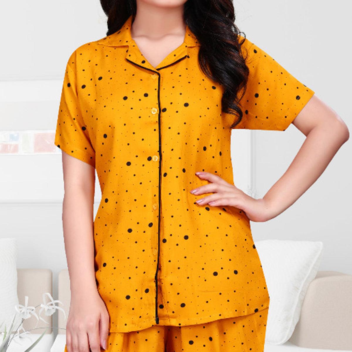 Opulent Yellow Colored Printed Cotton Rayon Night Suit - Peachmode