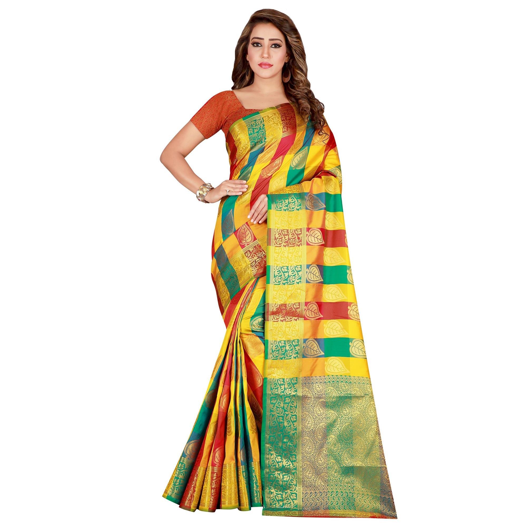 Opulent Yellow-Green Colored festive Wear Banarasi Silk Saree - Peachmode