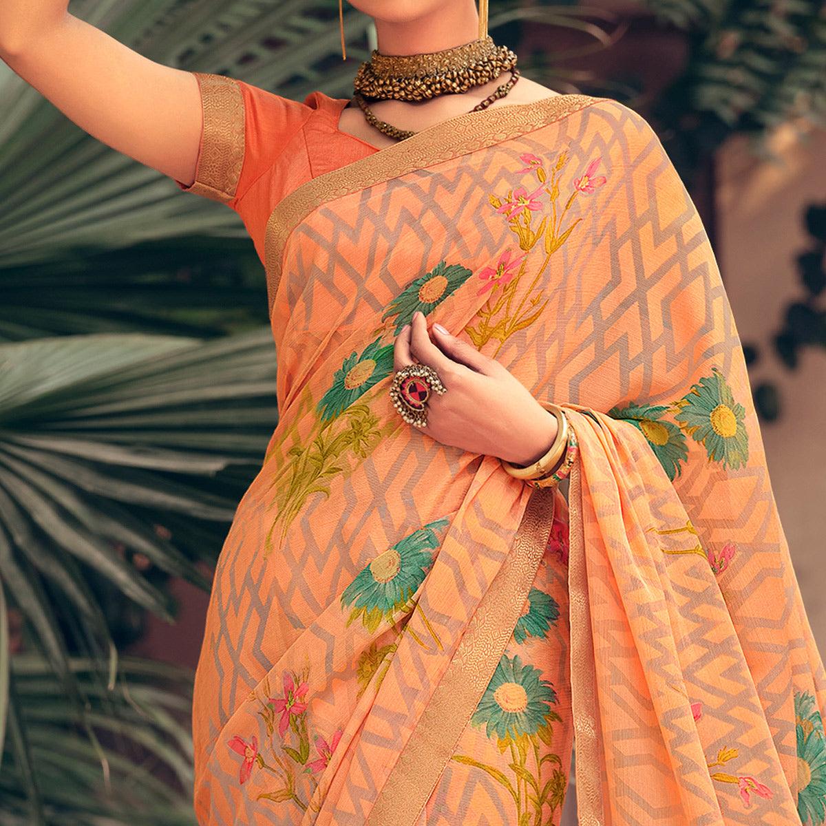 Oragne Casual Wear Floral Printed Chiffon Saree With Fancy Lace - Peachmode