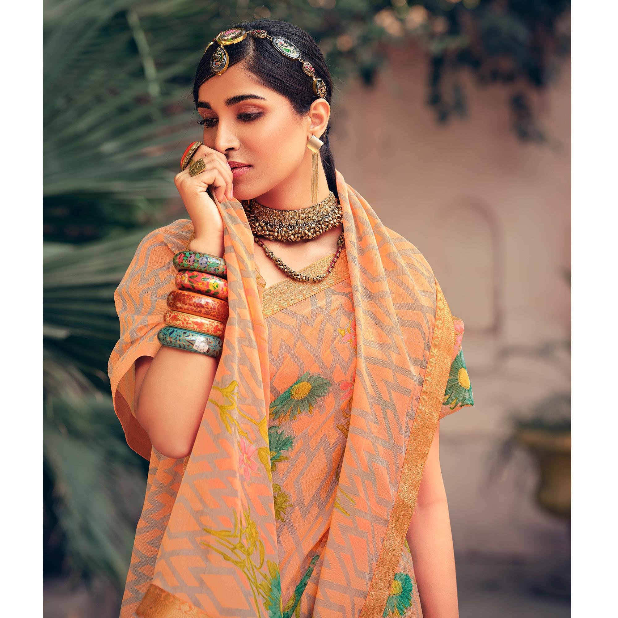 Oragne Casual Wear Floral Printed Chiffon Saree With Fancy Lace - Peachmode