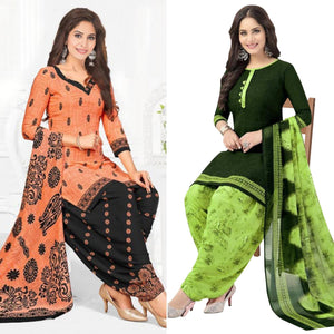 Orange And Green Patiala Crepe Dress Material Pack Of 2 - Peachmode