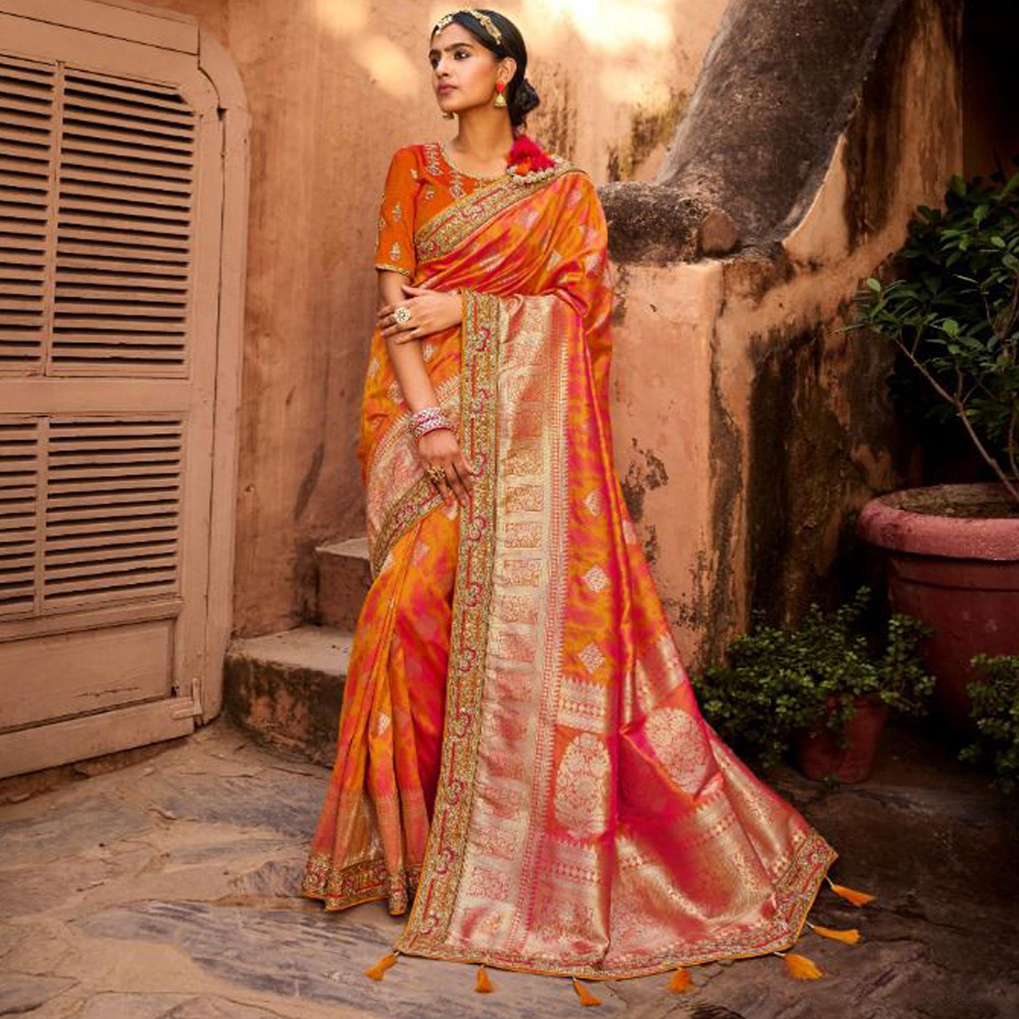 Orange & Pink Festive Wear Woven Poly Silk Saree - Peachmode