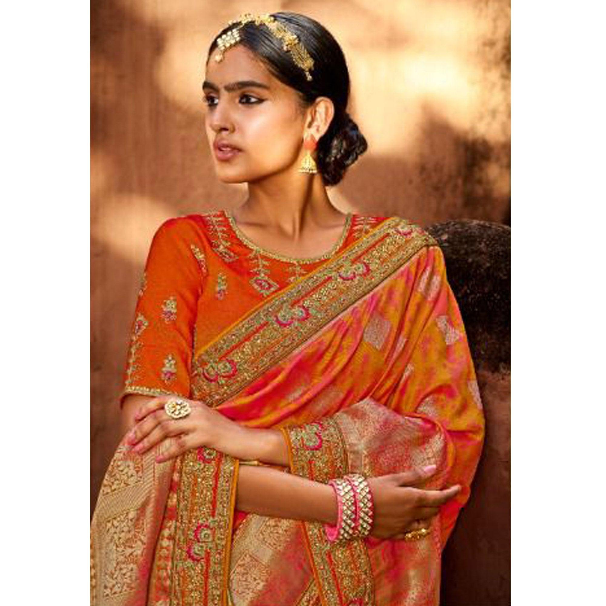 Orange & Pink Festive Wear Woven Poly Silk Saree - Peachmode