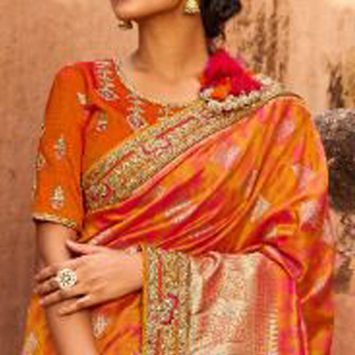 Orange & Pink Festive Wear Woven Poly Silk Saree - Peachmode