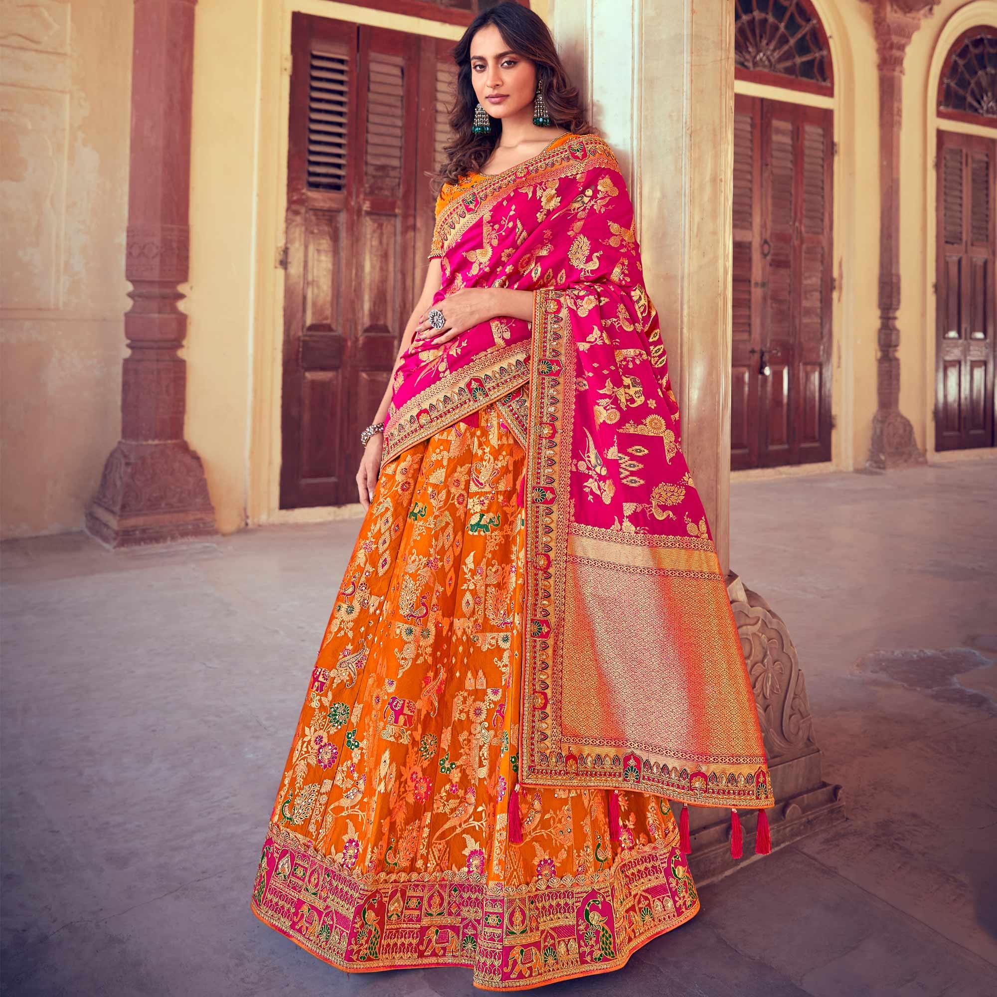 Orange & Pink Wedding Wear Woven & Embroidered Silk Lehenga Choli - Peachmode