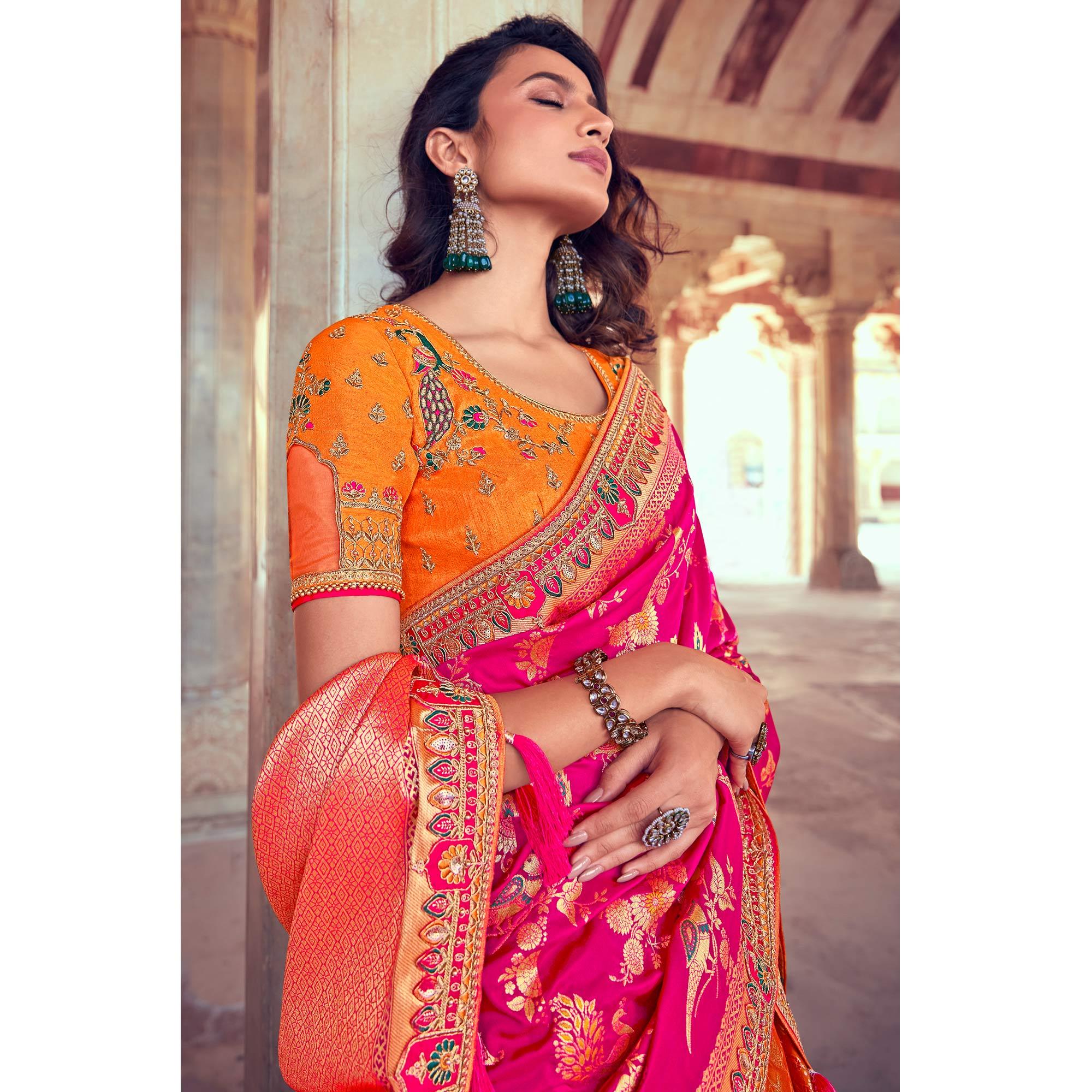 Orange & Pink Wedding Wear Woven & Embroidered Silk Lehenga Choli - Peachmode