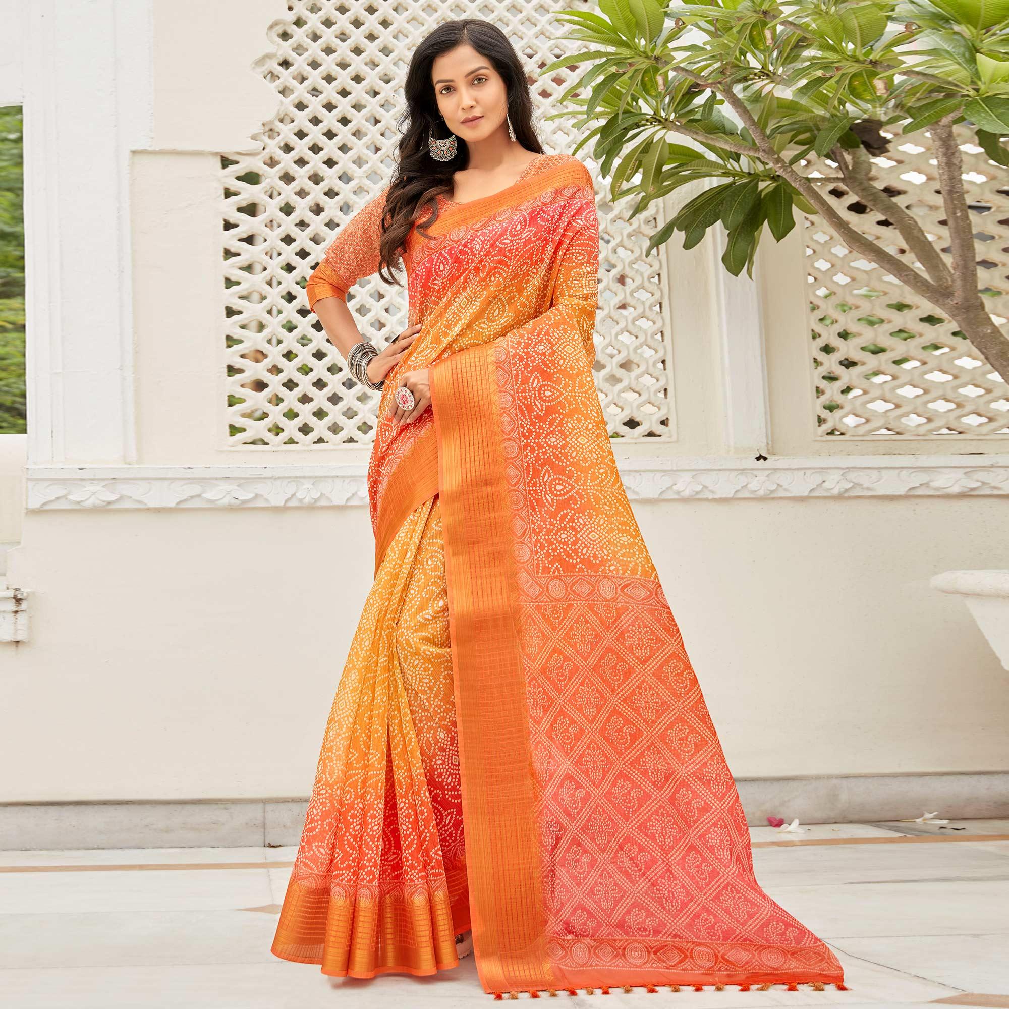 Orange & Red Casual Wear Printed Soft Linen Saree - Peachmode