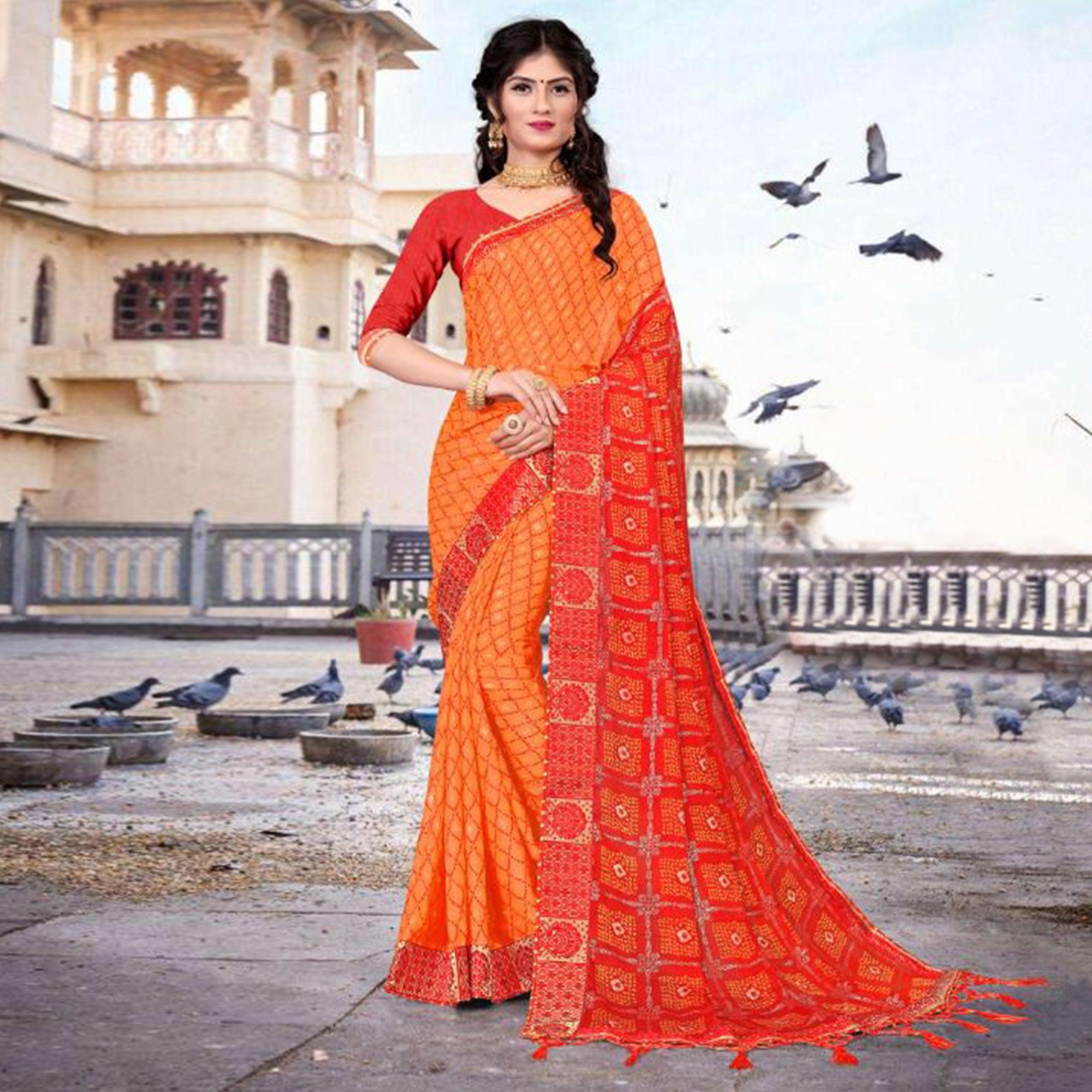 Orange & Red Festive Wear Bandhani Printed Chiffon Saree With Diamond Border - Peachmode