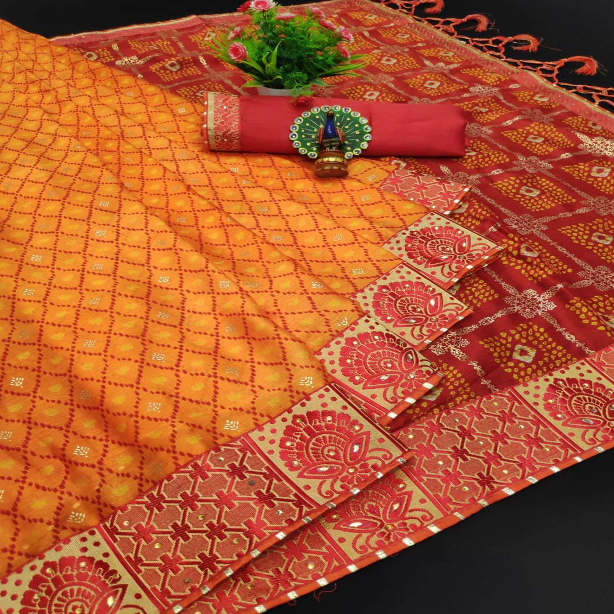 Orange & Red Festive Wear Bandhani Printed Chiffon Saree With Diamond Border - Peachmode