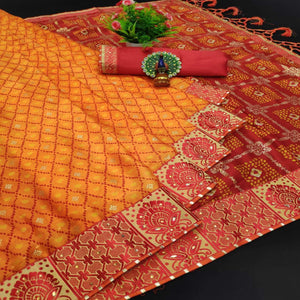 Orange & Red Festive Wear Bandhani Printed Chiffon Saree With Diamond Border - Peachmode