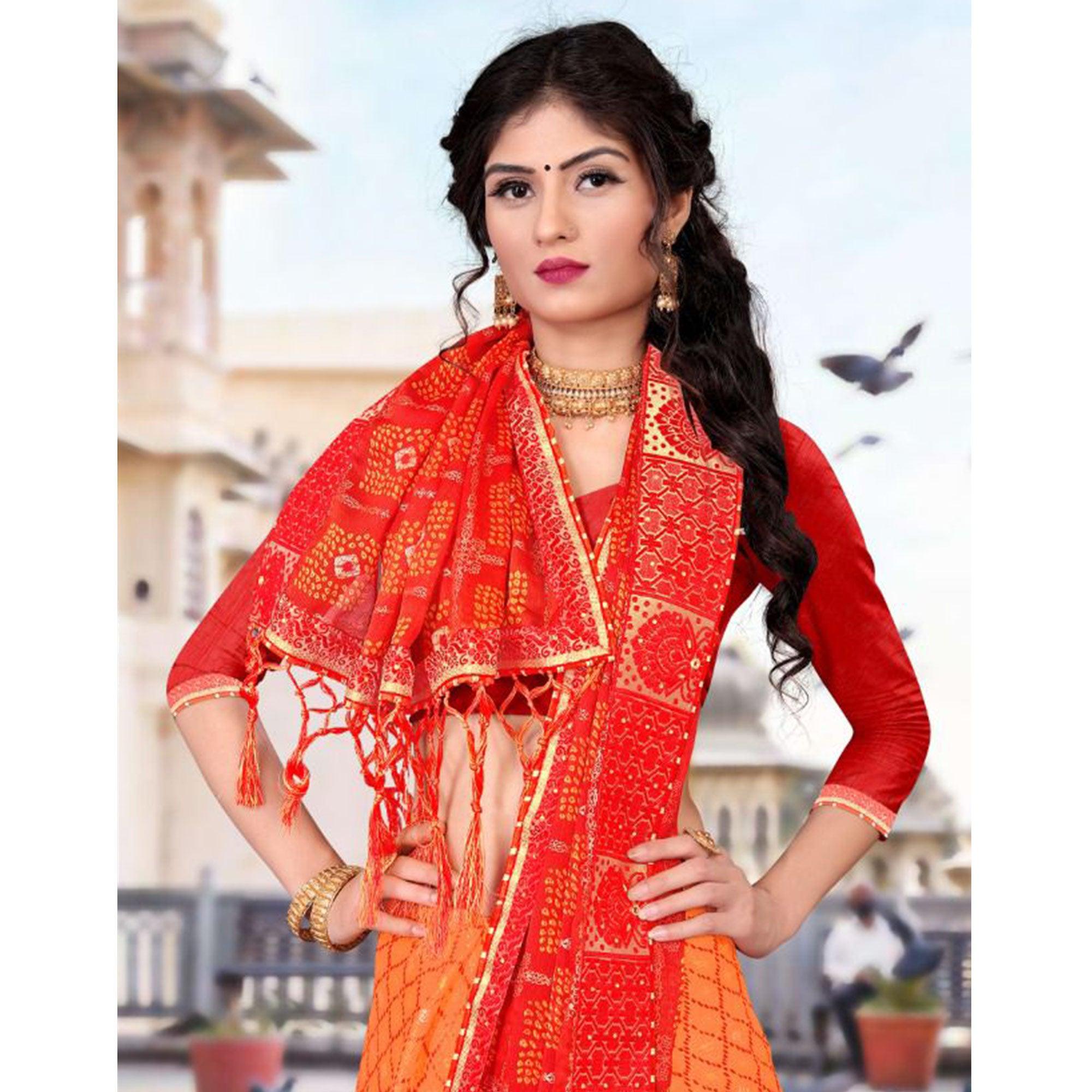 Orange & Red Festive Wear Bandhani Printed Chiffon Saree With Diamond Border - Peachmode