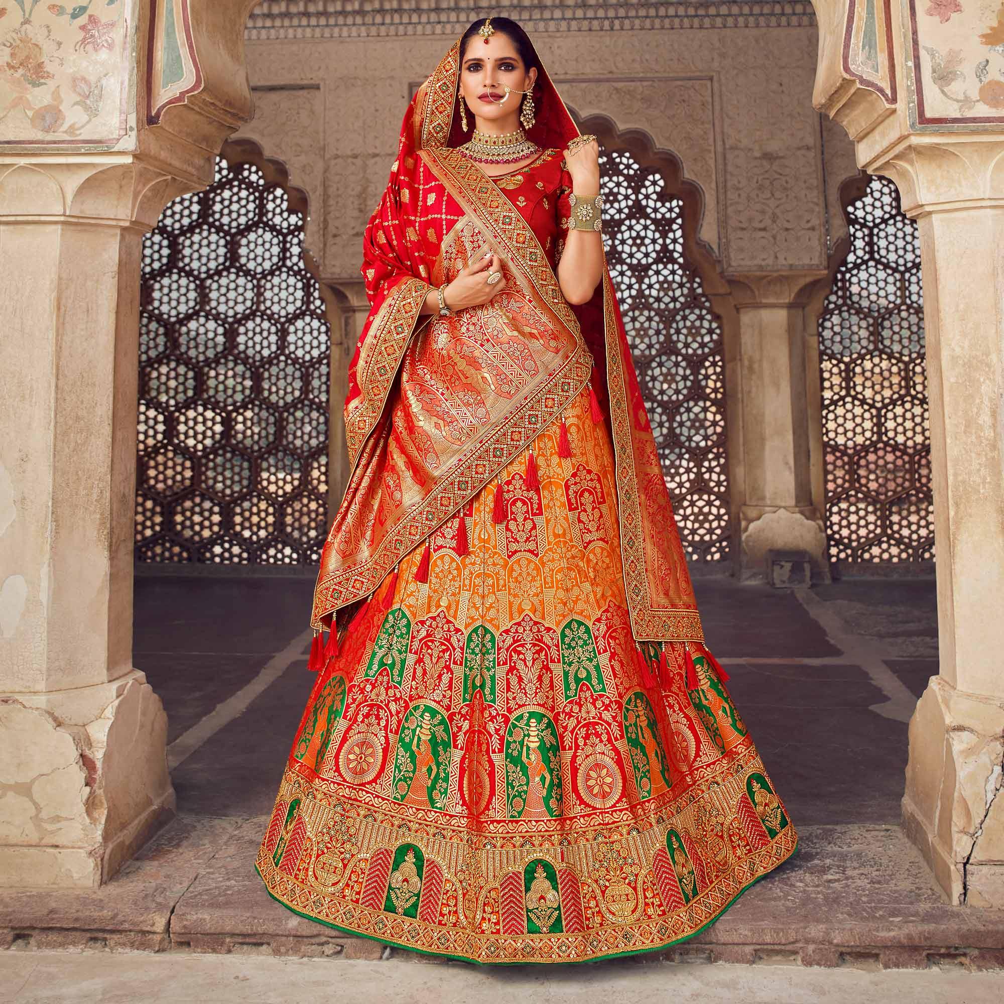 Orange & Red Festive Wear Woven Heavy Banarasi Silk Lehenga Choli - Peachmode
