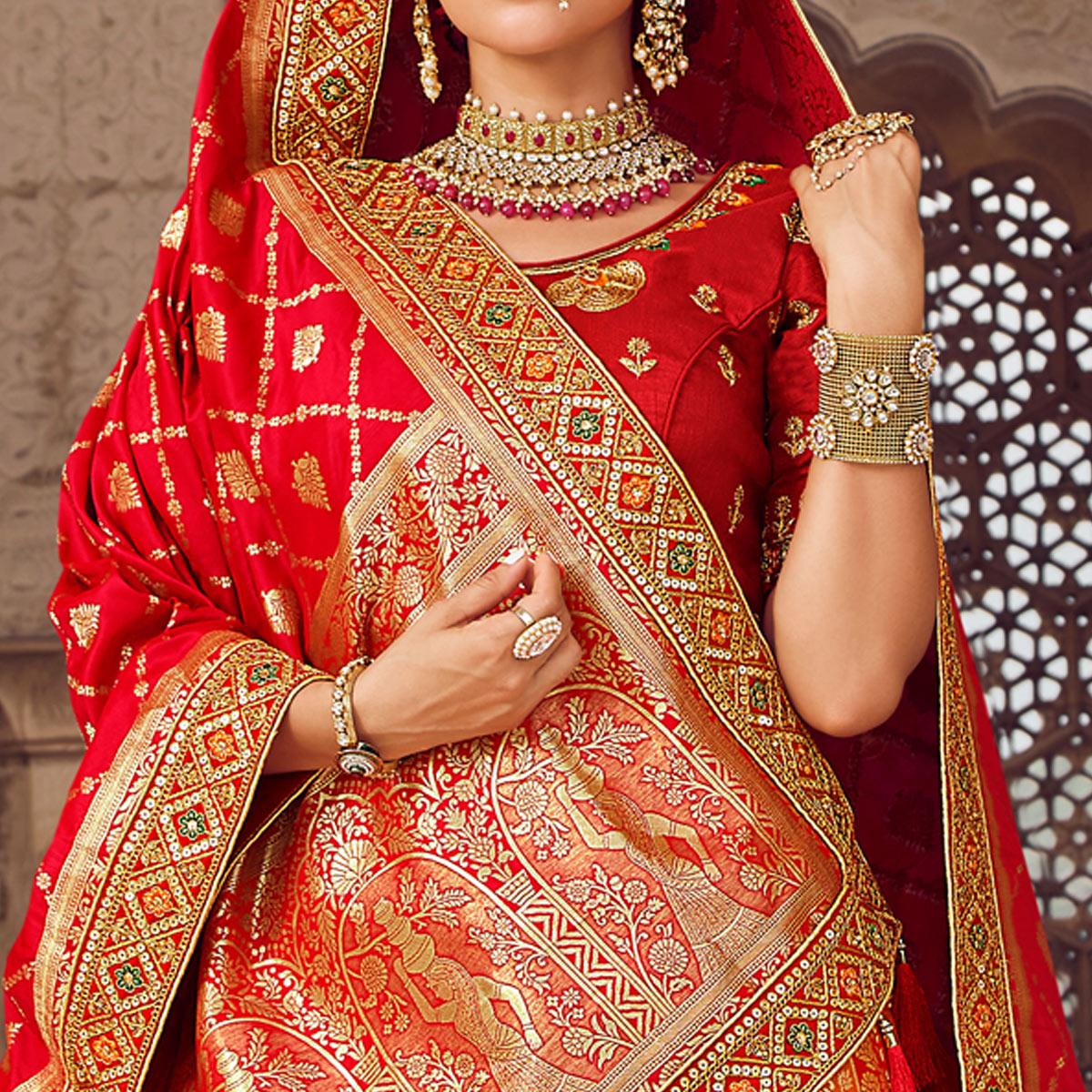 Orange & Red Festive Wear Woven Heavy Banarasi Silk Lehenga Choli - Peachmode