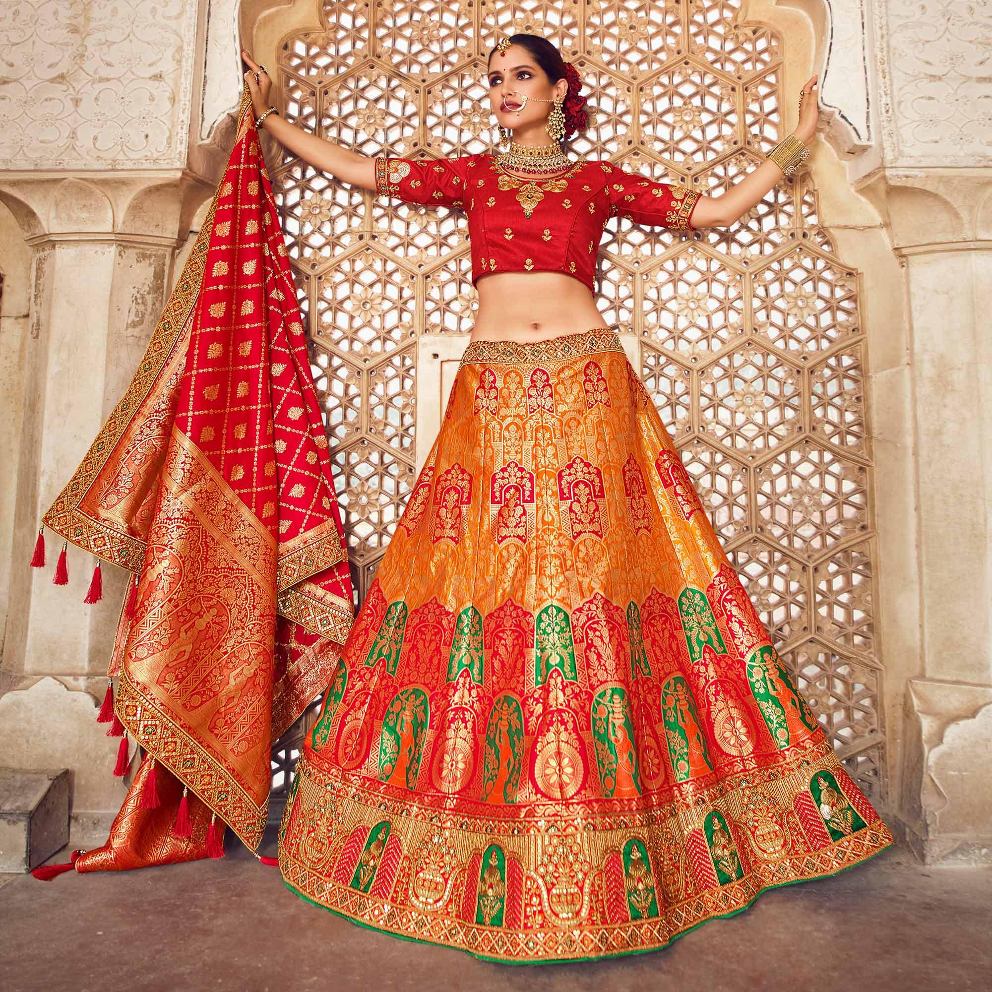 Orange & Red Festive Wear Woven Heavy Banarasi Silk Lehenga Choli - Peachmode