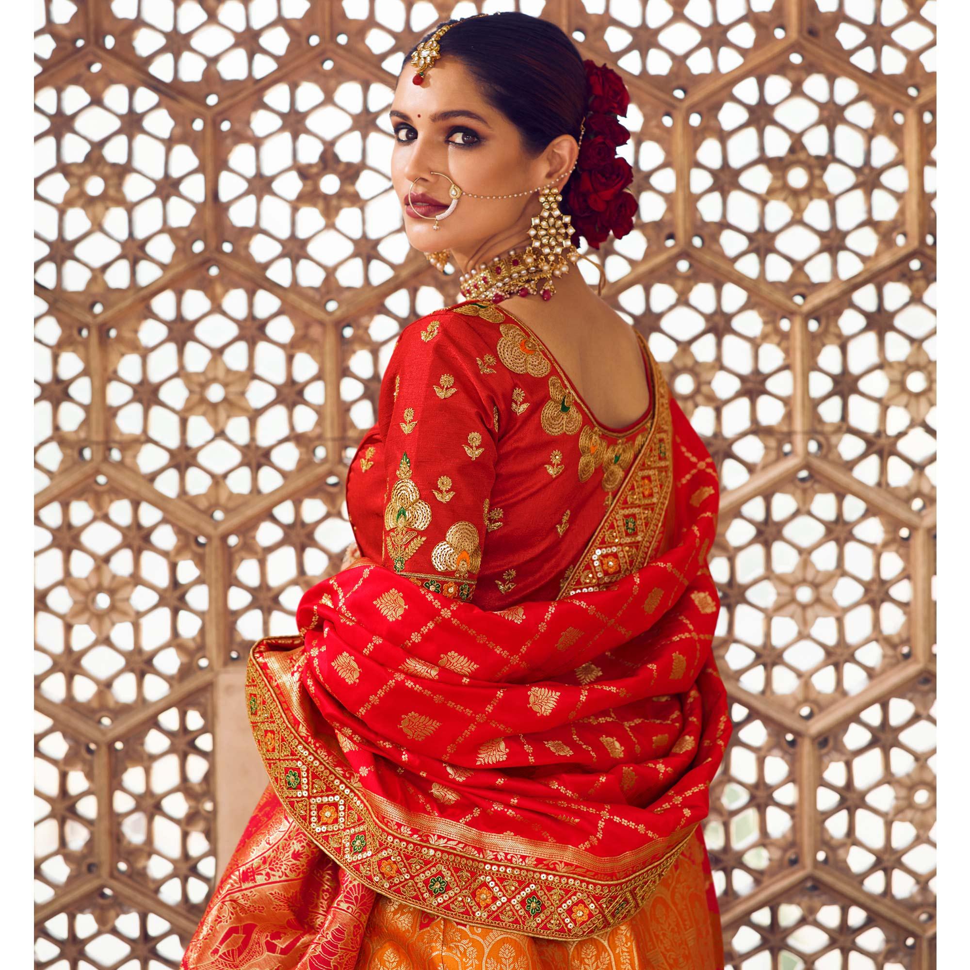 Orange & Red Festive Wear Woven Heavy Banarasi Silk Lehenga Choli - Peachmode