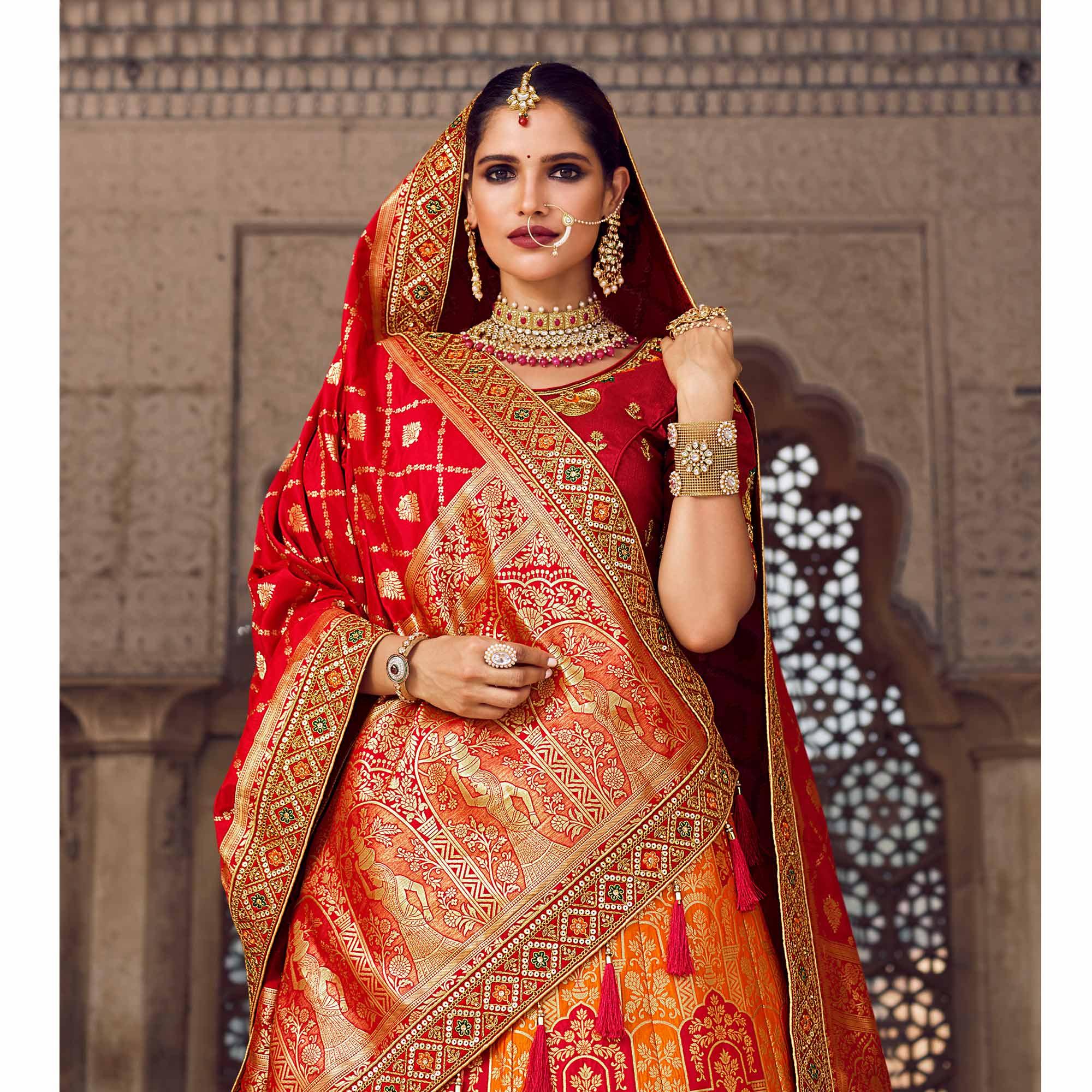 Orange & Red Festive Wear Woven Heavy Banarasi Silk Lehenga Choli - Peachmode