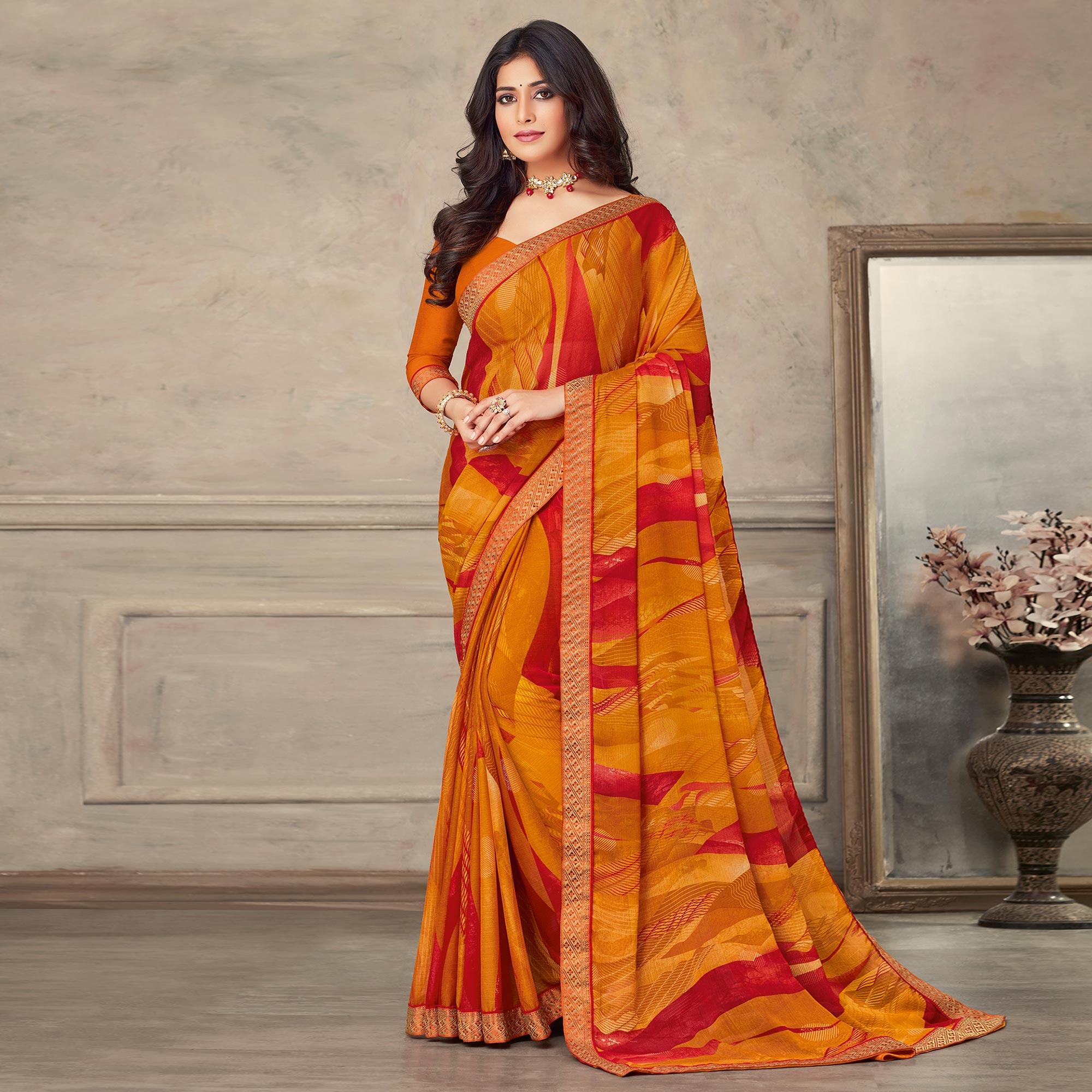 Orange & Red Printed Chiffon Saree - Peachmode