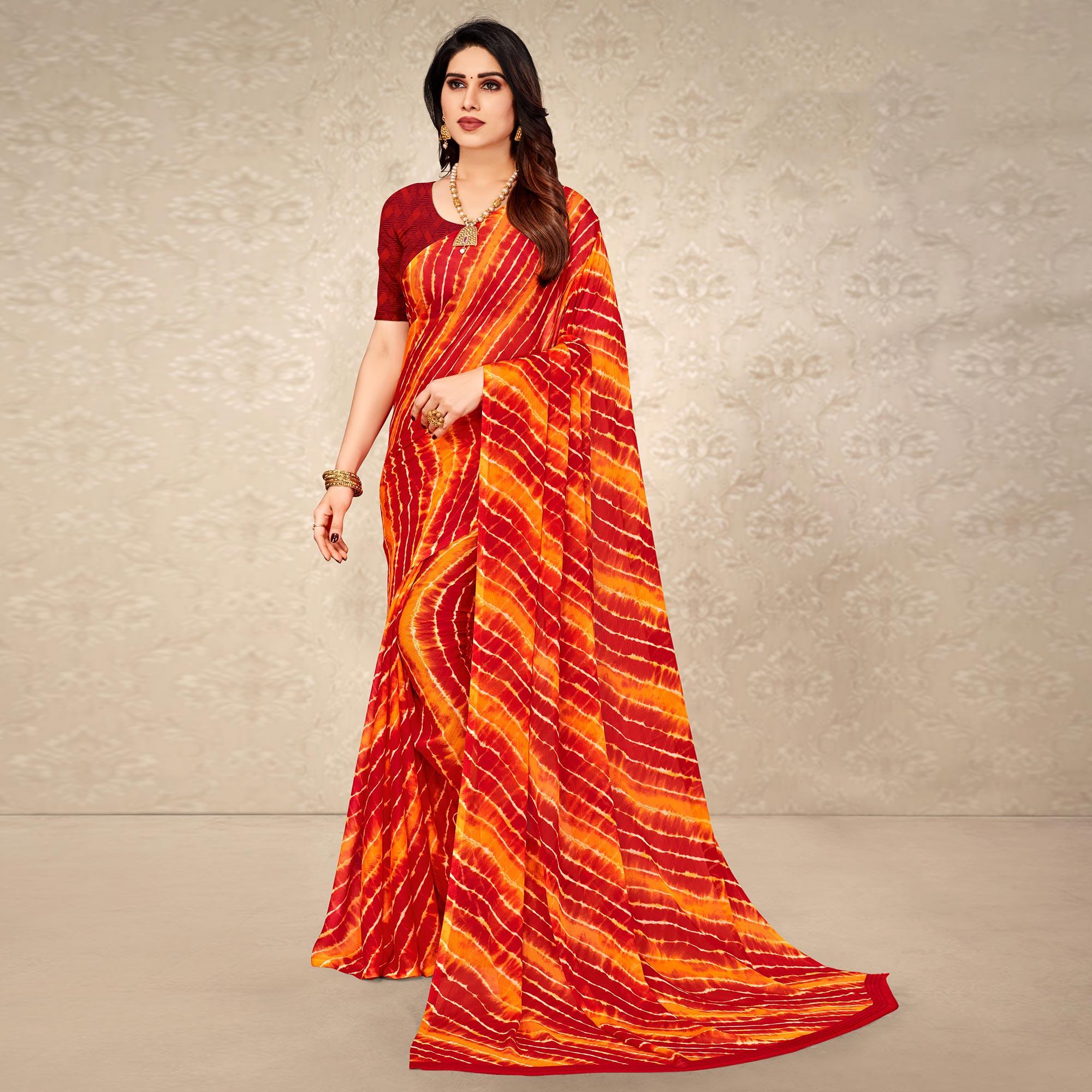 Orange & Red Printed Chiffon Saree - Peachmode