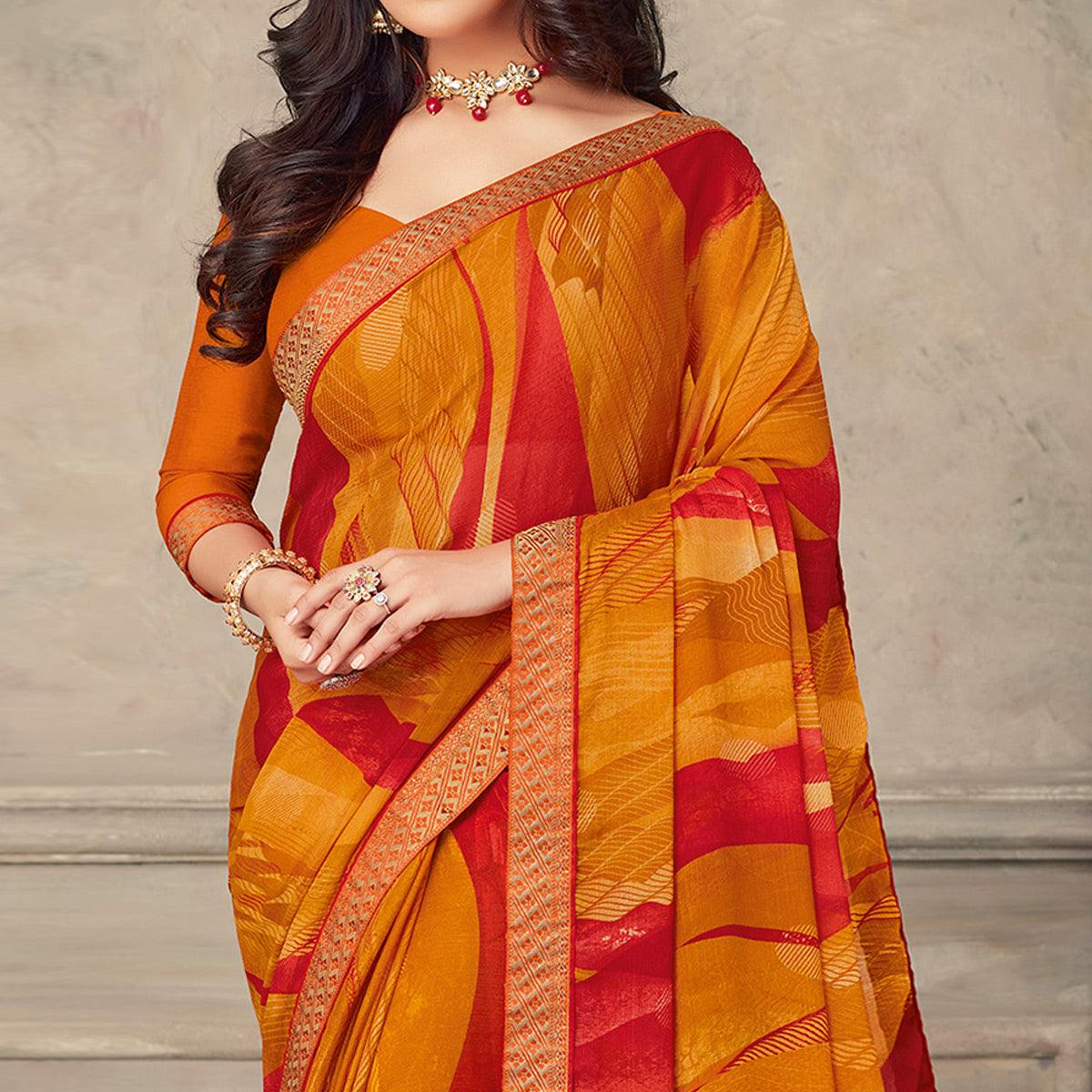 Orange & Red Printed Chiffon Saree - Peachmode