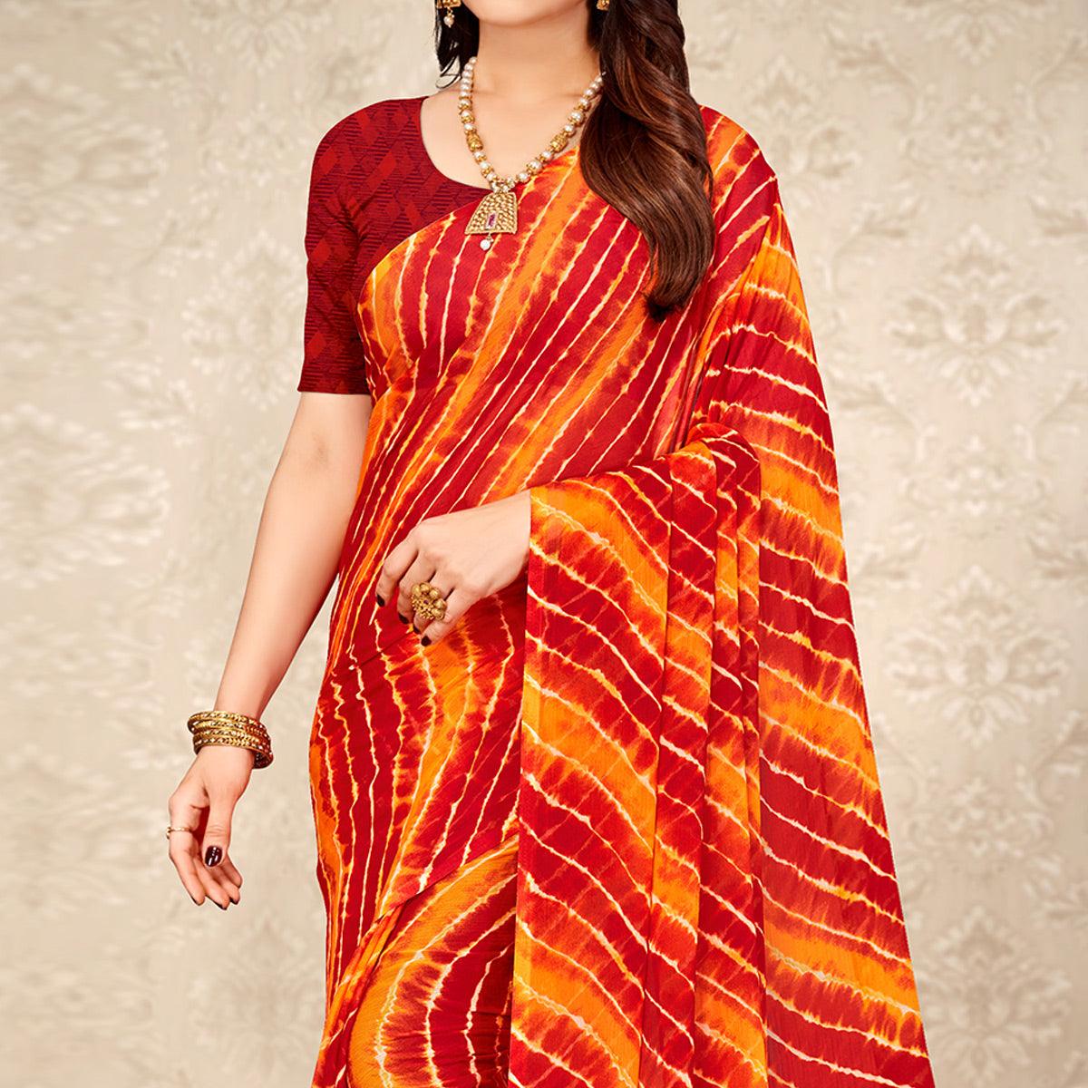 Orange & Red Printed Chiffon Saree - Peachmode