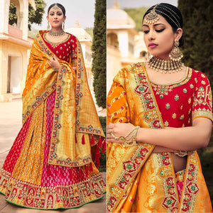 Orange & Rose Pink Wedding Wear Woven-Embellished Banarasi Silk Lehenga Choli - Peachmode