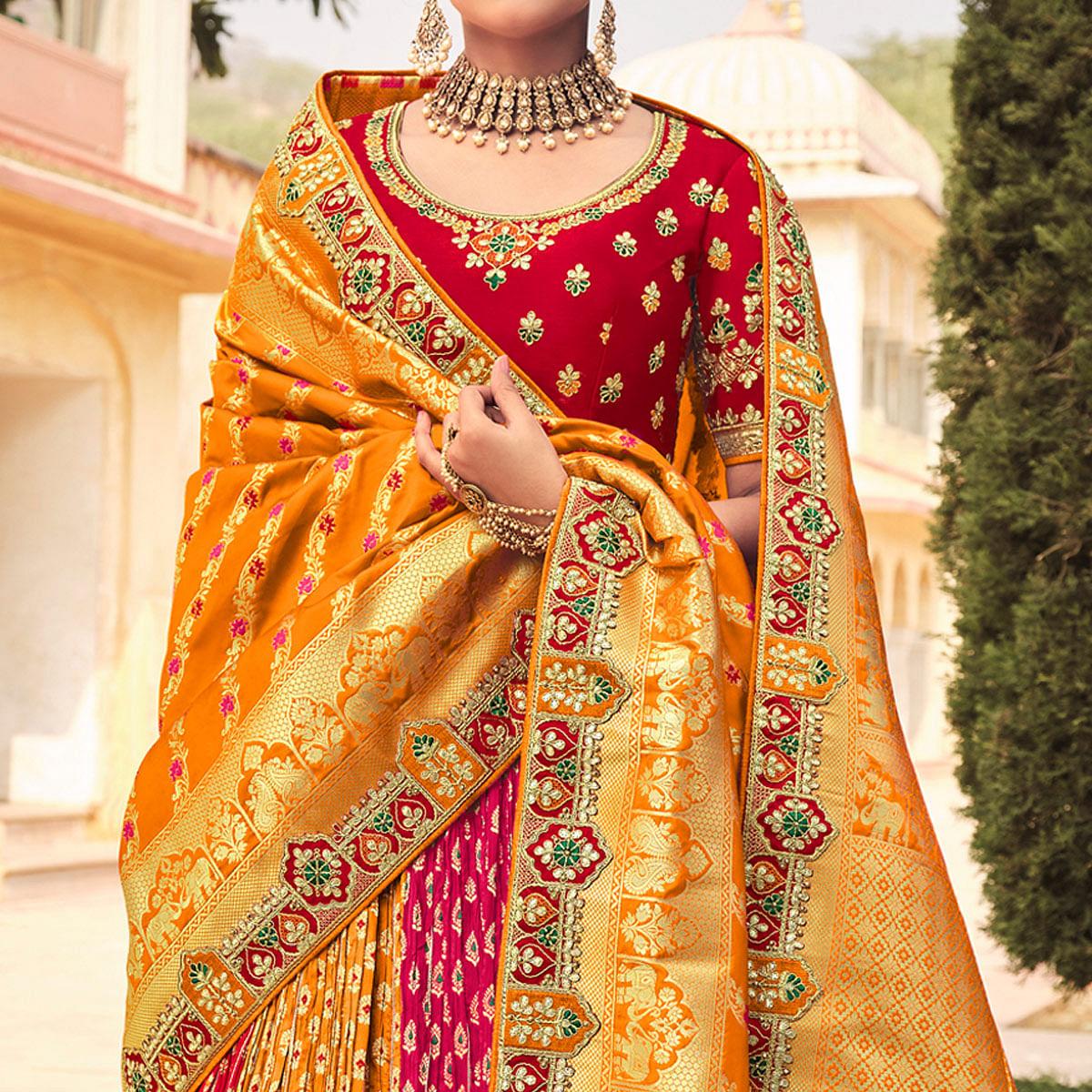 Orange & Rose Pink Wedding Wear Woven-Embellished Banarasi Silk Lehenga Choli - Peachmode