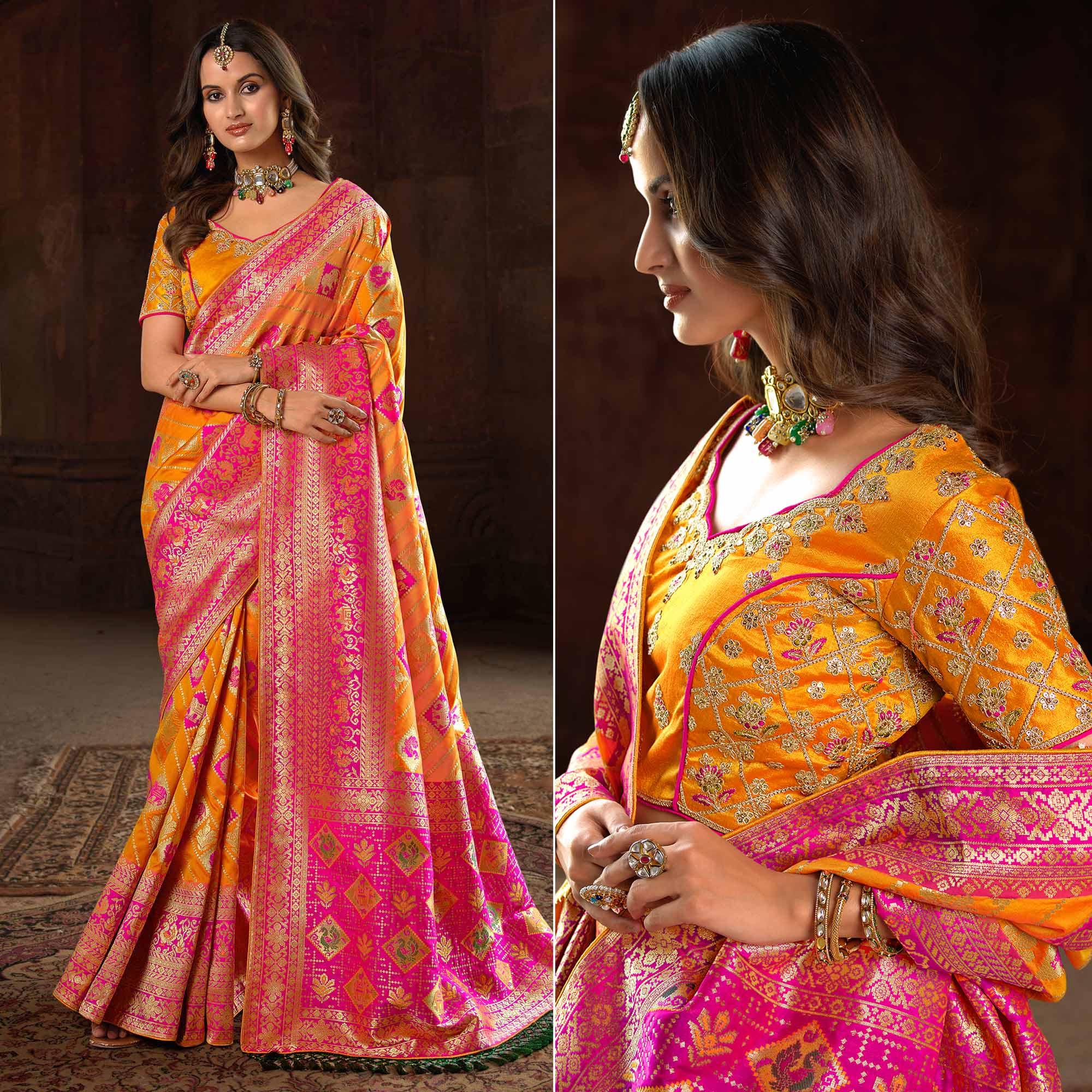 Orange & Rose Pink Woven Banarasi Silk Saree With Tassels - Peachmode