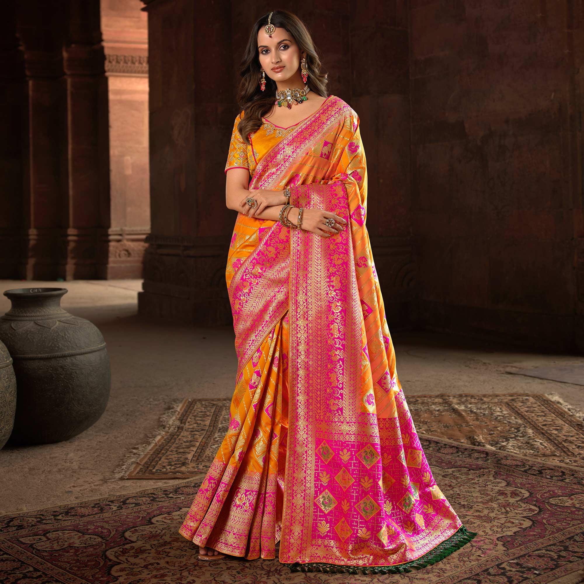 Orange & Rose Pink Woven Banarasi Silk Saree With Tassels - Peachmode