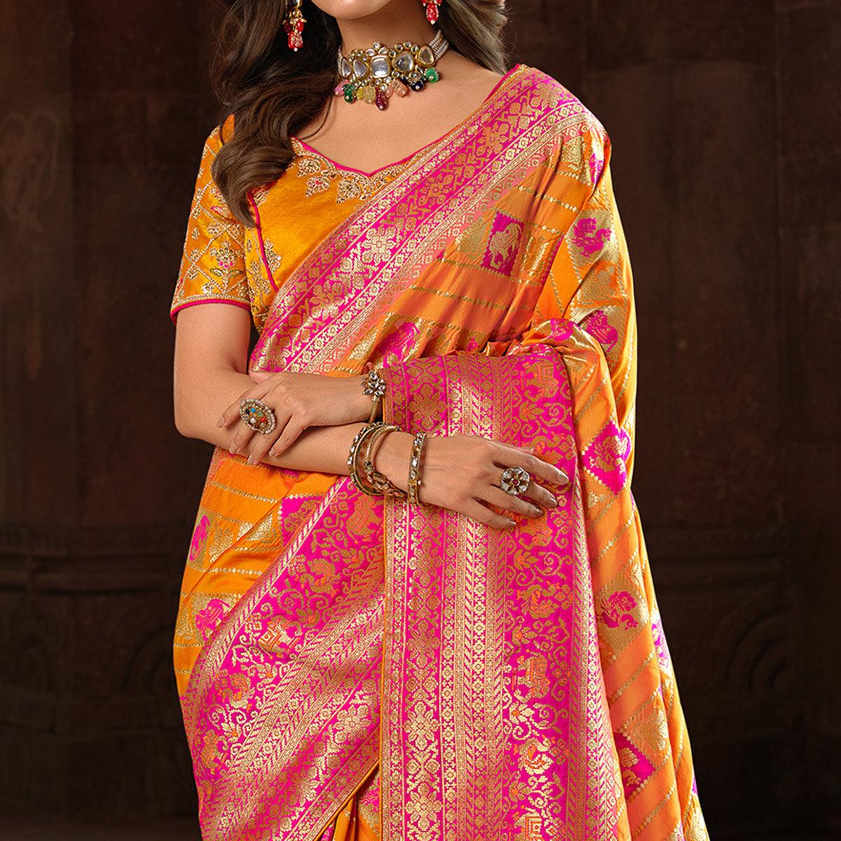 Orange & Rose Pink Woven Banarasi Silk Saree With Tassels - Peachmode