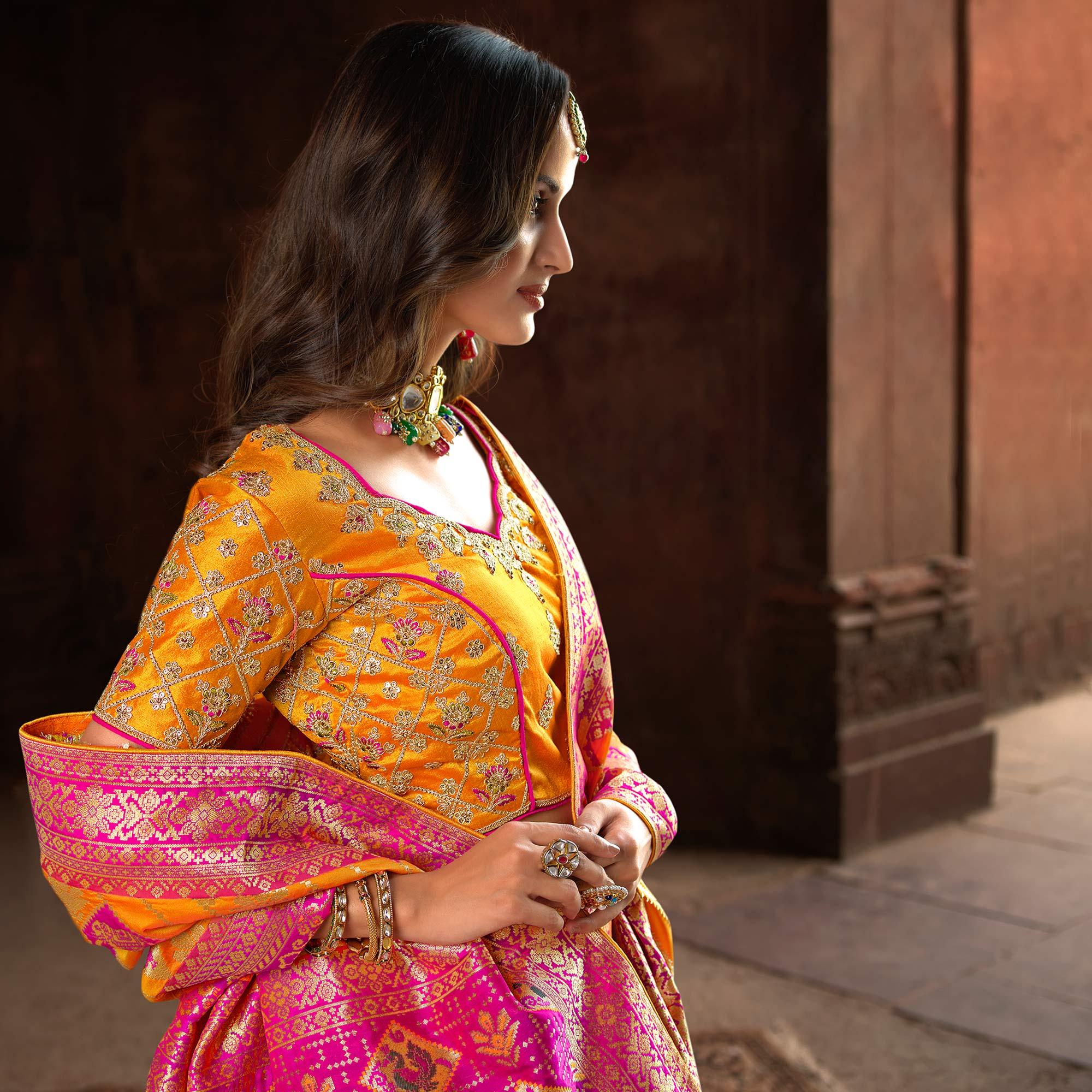 Orange & Rose Pink Woven Banarasi Silk Saree With Tassels - Peachmode