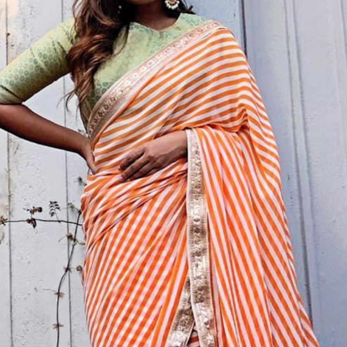 Orange & White Casual Wear Printed Georgette Saree - Peachmode