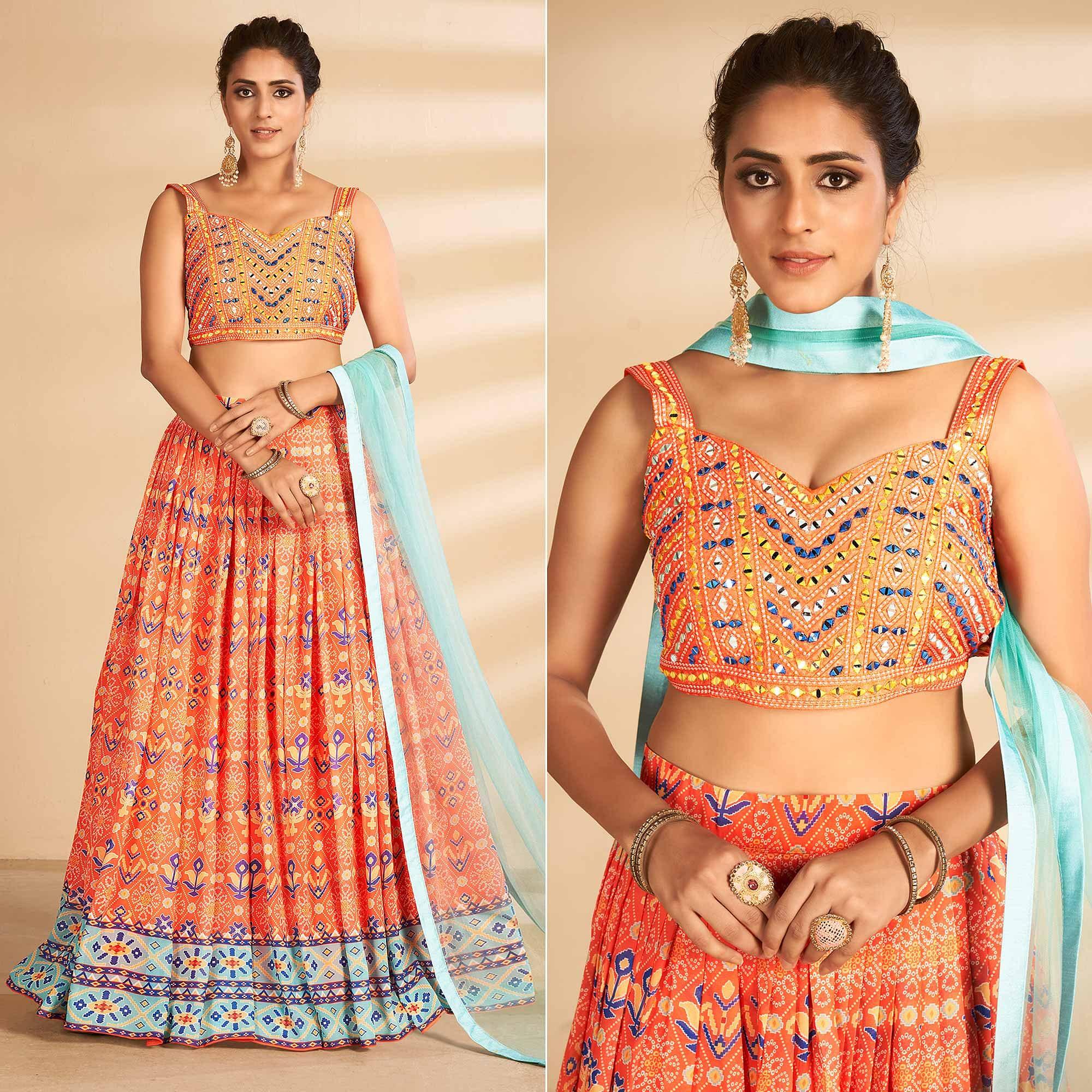 Orange Bandhani Printed Art Silk Lehenga Choli - Peachmode