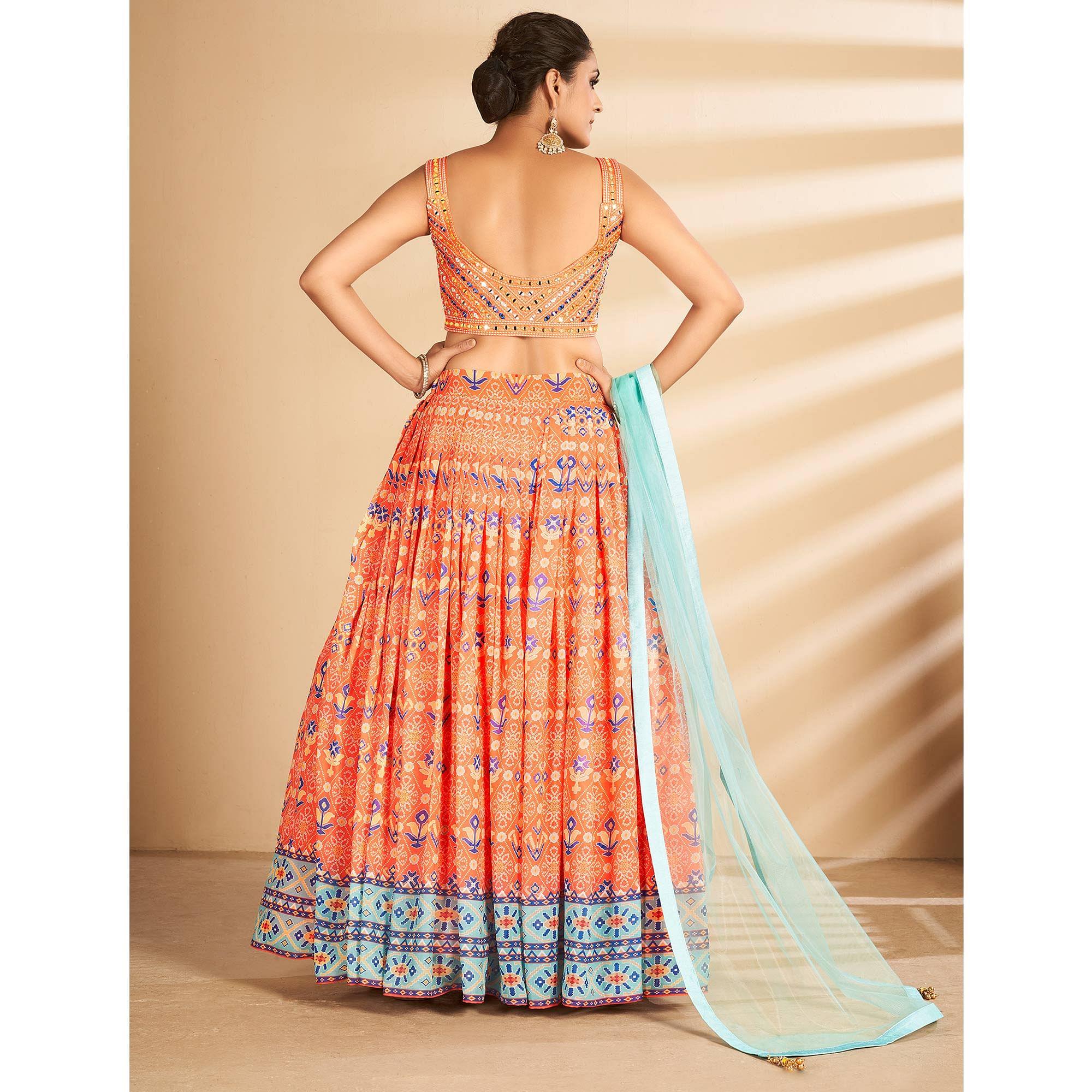Orange Bandhani Printed Art Silk Lehenga Choli - Peachmode