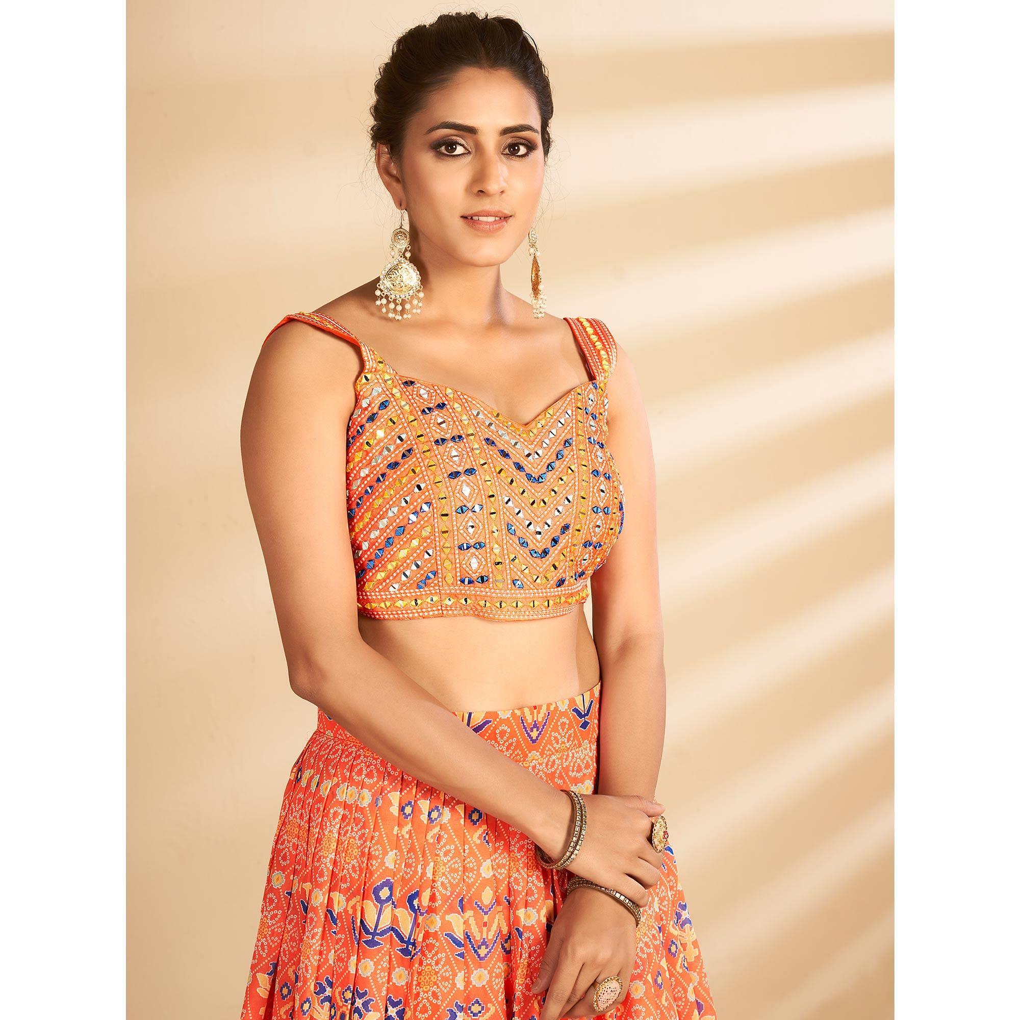 Orange Bandhani Printed Art Silk Lehenga Choli - Peachmode