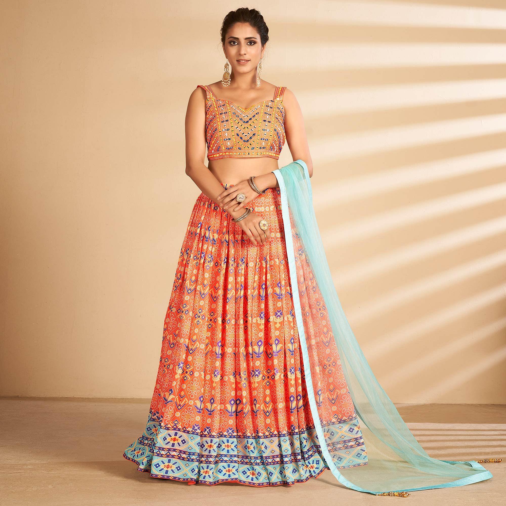 Orange Bandhani Printed Art Silk Lehenga Choli - Peachmode