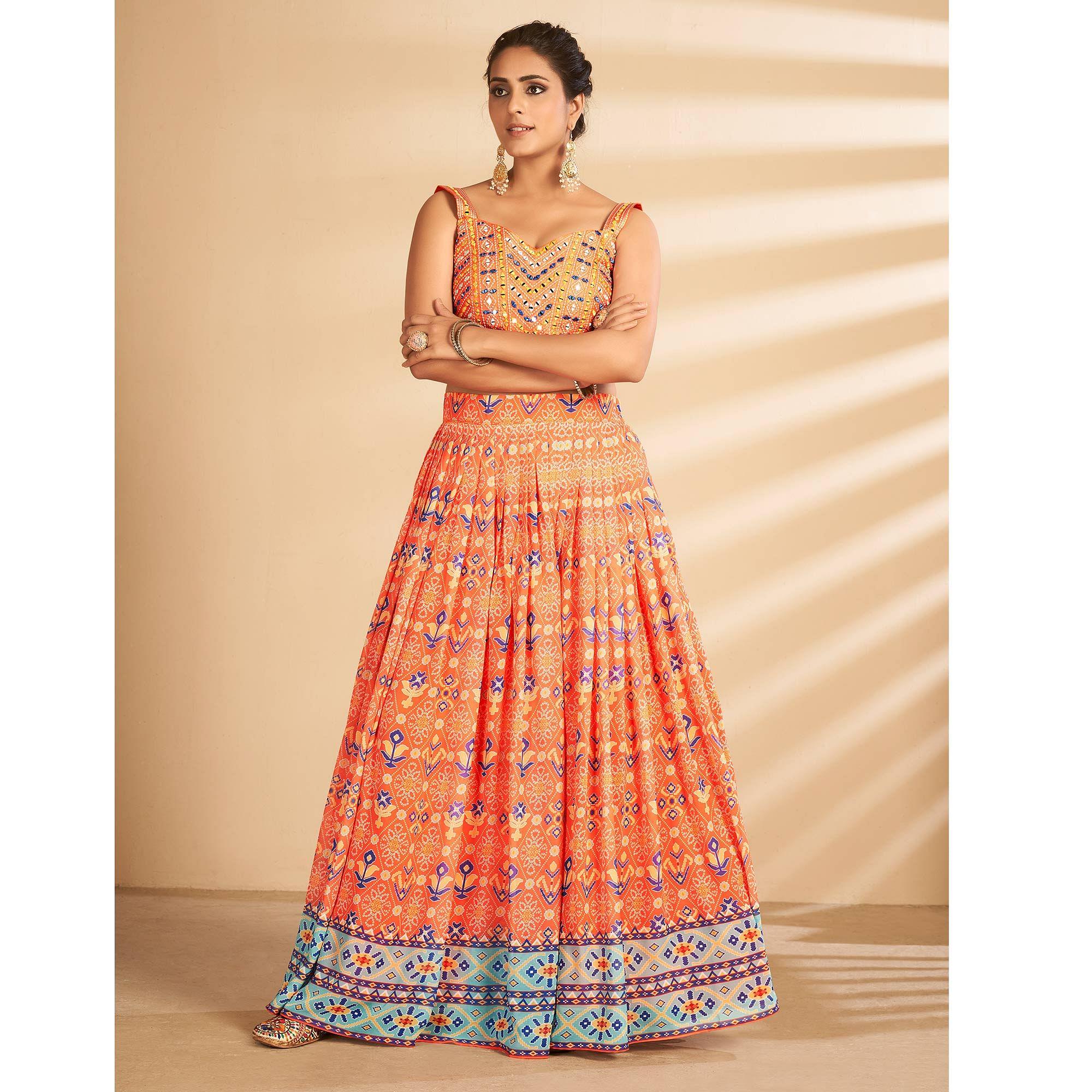Orange Bandhani Printed Art Silk Lehenga Choli - Peachmode