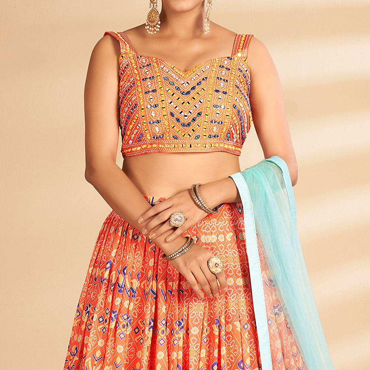 Orange Bandhani Printed Art Silk Lehenga Choli - Peachmode