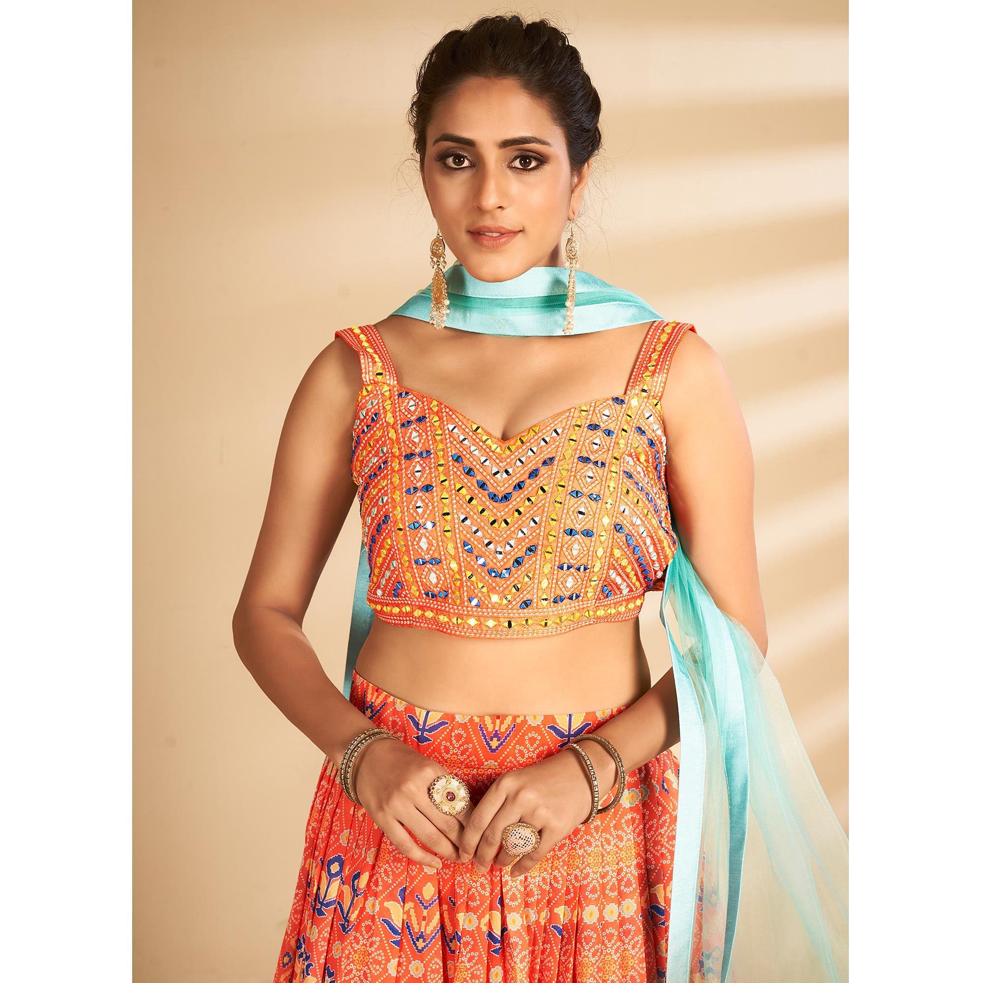 Orange Bandhani Printed Art Silk Lehenga Choli - Peachmode