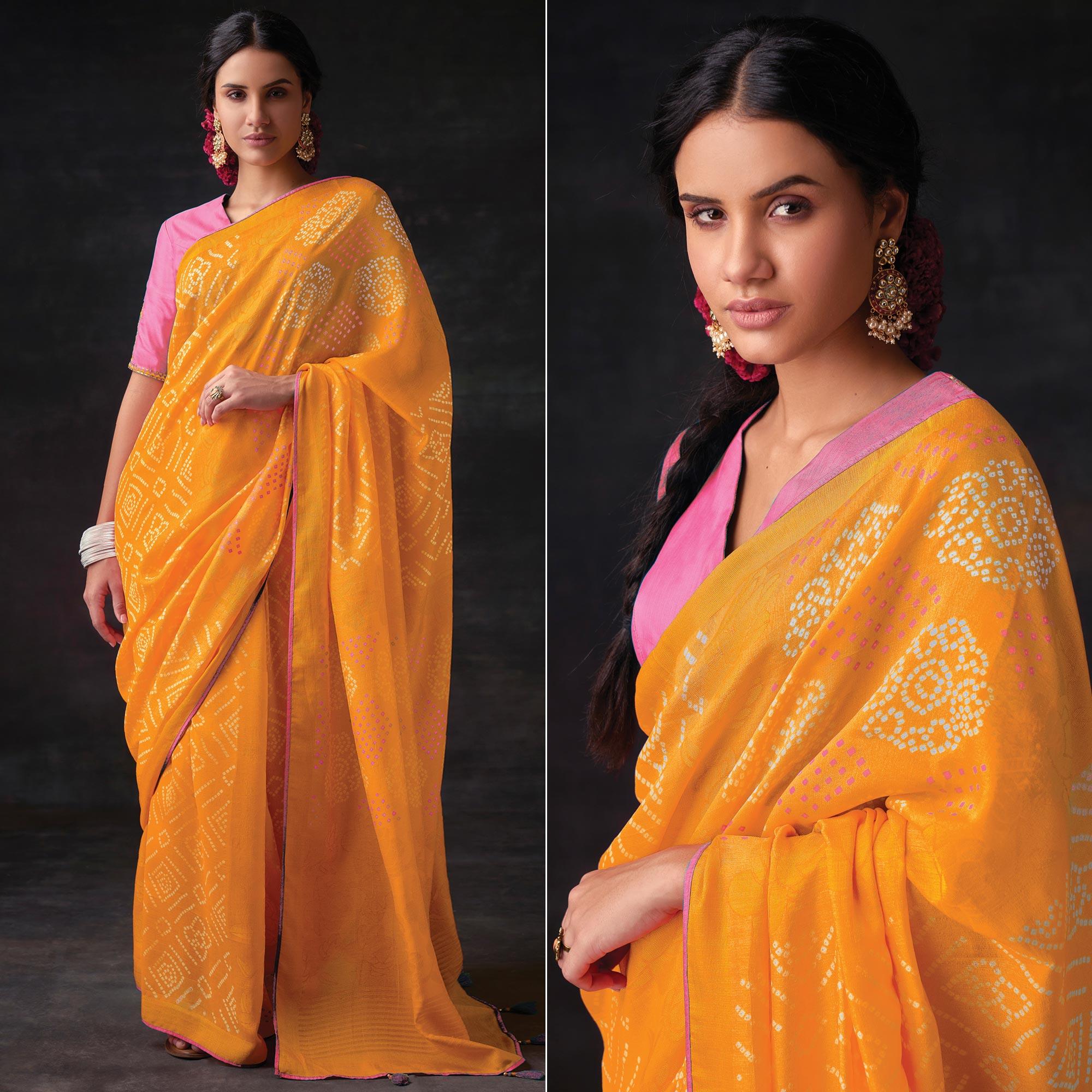 Orange Bandhani Printed Brasso Saree - Peachmode