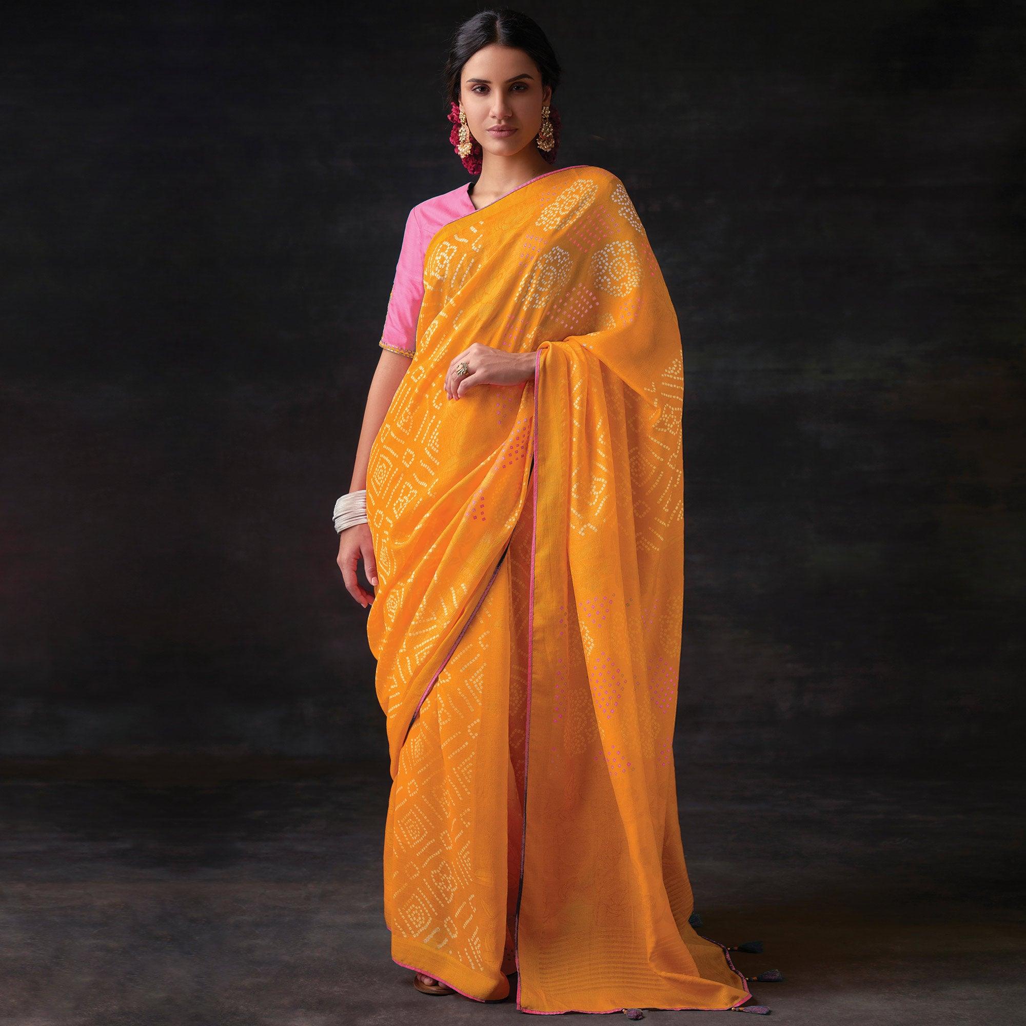 Orange Bandhani Printed Brasso Saree - Peachmode