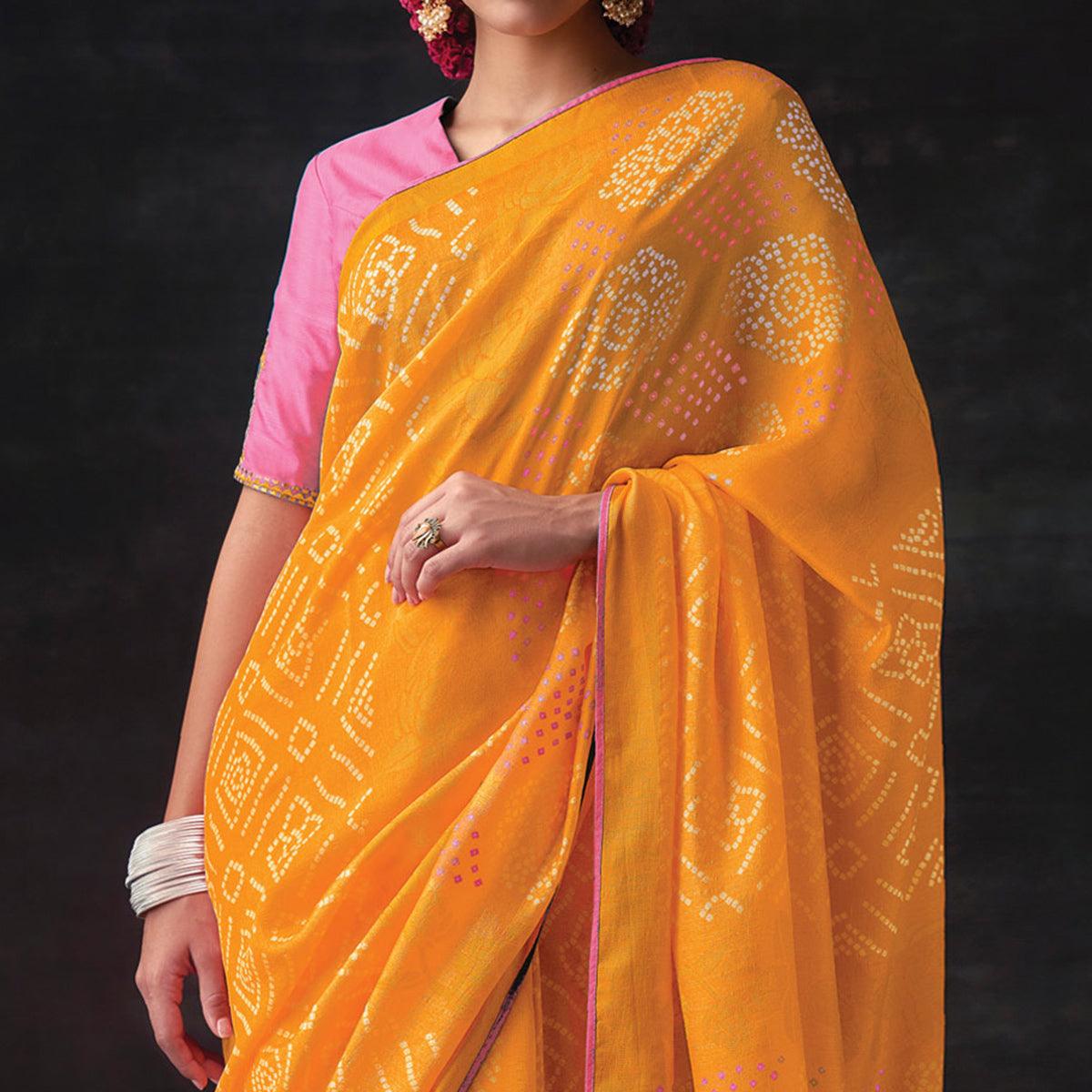 Orange Bandhani Printed Brasso Saree - Peachmode