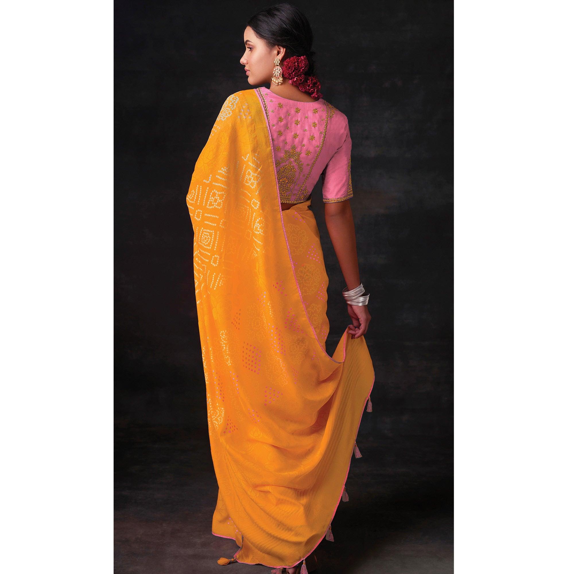 Orange Bandhani Printed Brasso Saree - Peachmode