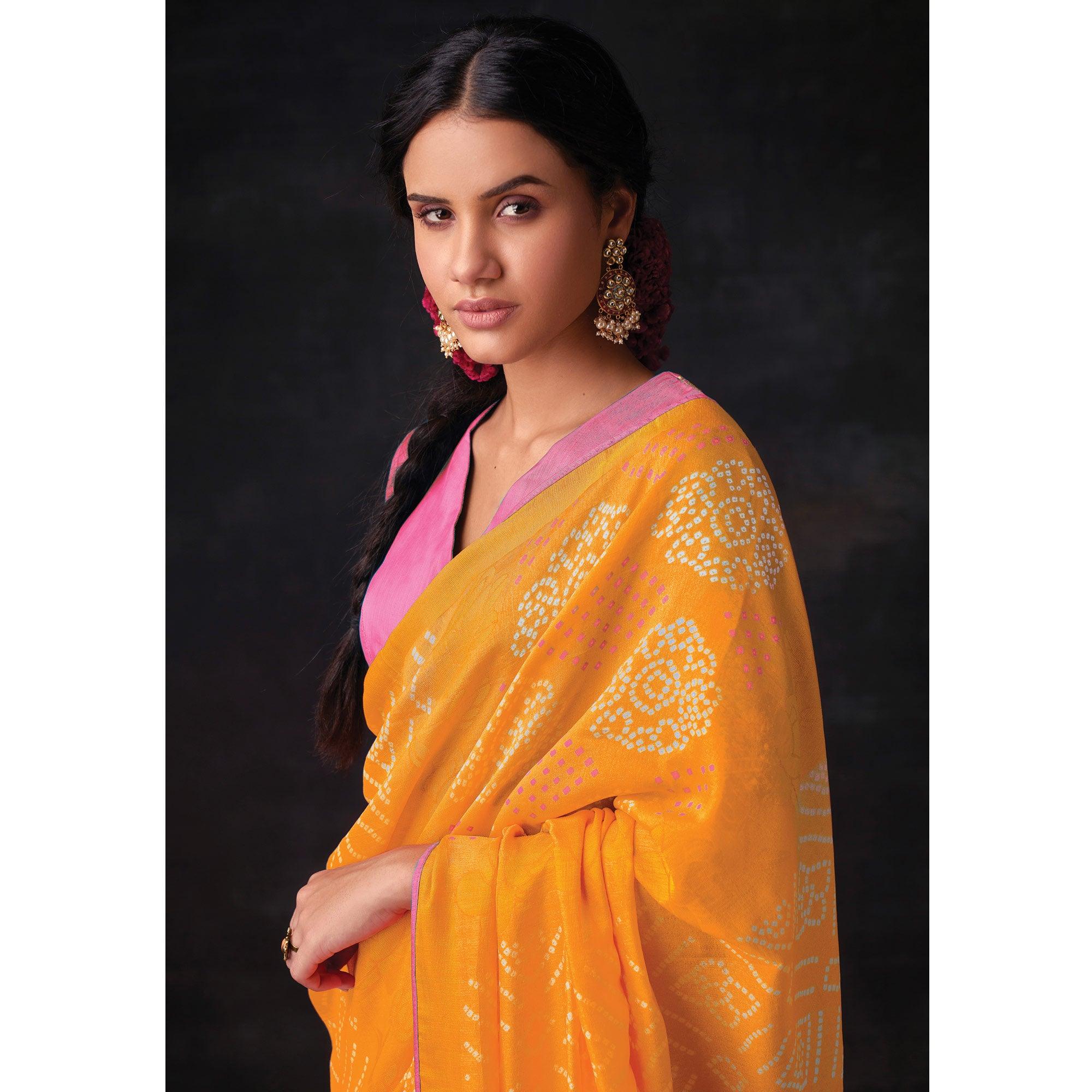 Orange Bandhani Printed Brasso Saree - Peachmode