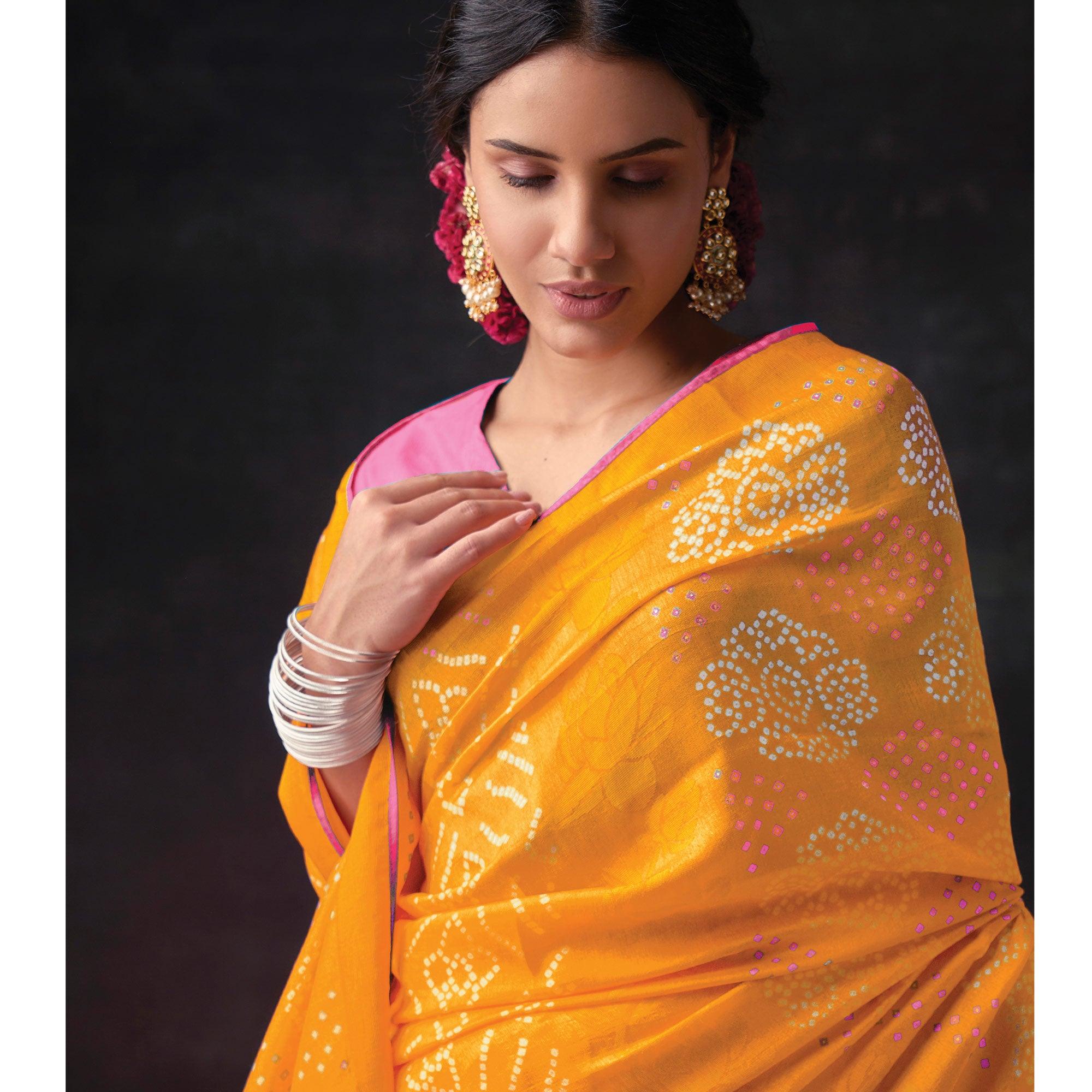 Orange Bandhani Printed Brasso Saree - Peachmode