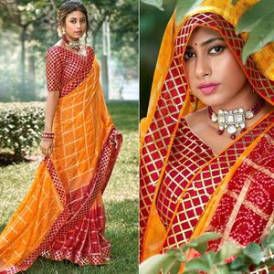 Orange Bandhani Printed-Checks Weaving Chiffon Saree - Peachmode